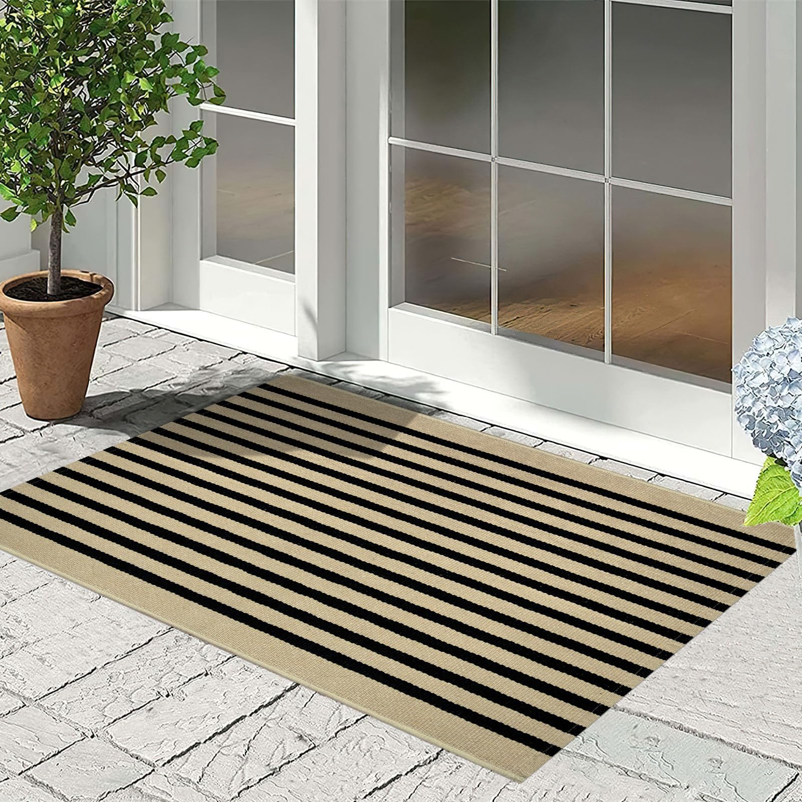 Alfombra de Entrada de Exterior a Rayas Negras y Caqui de 60 x 90 cm,
