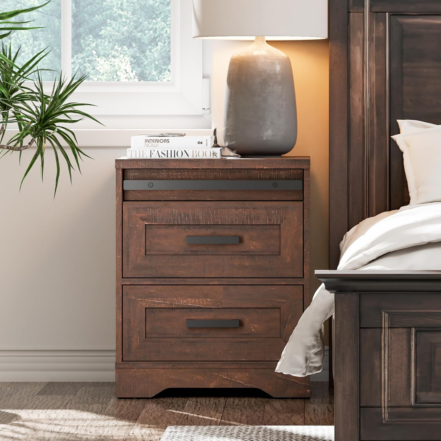 WAMPAT 3-Piece Farmhouse 9 Drawers Dresser and Nightstand Set for Bedroom,52.4" W Solid Wood Chest of 9 Drawers and 24.3" H Nightstand Set of 2 with Charging Station,Dark Brown