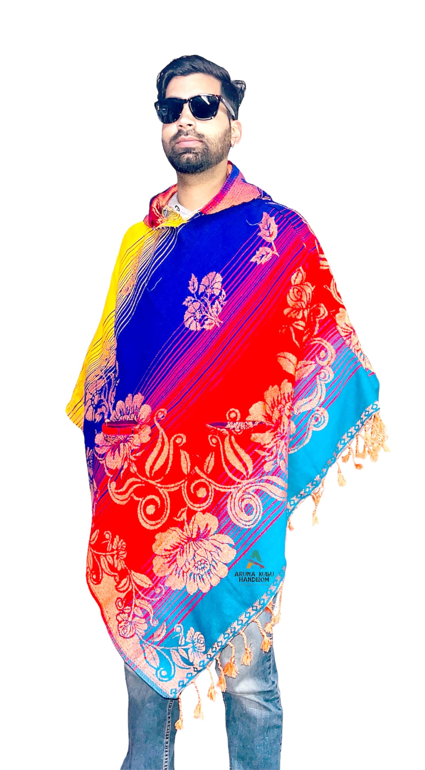 aruna kullu handloom kullu woolen poncho with hood for men SPANISH rainbow color-picture-11