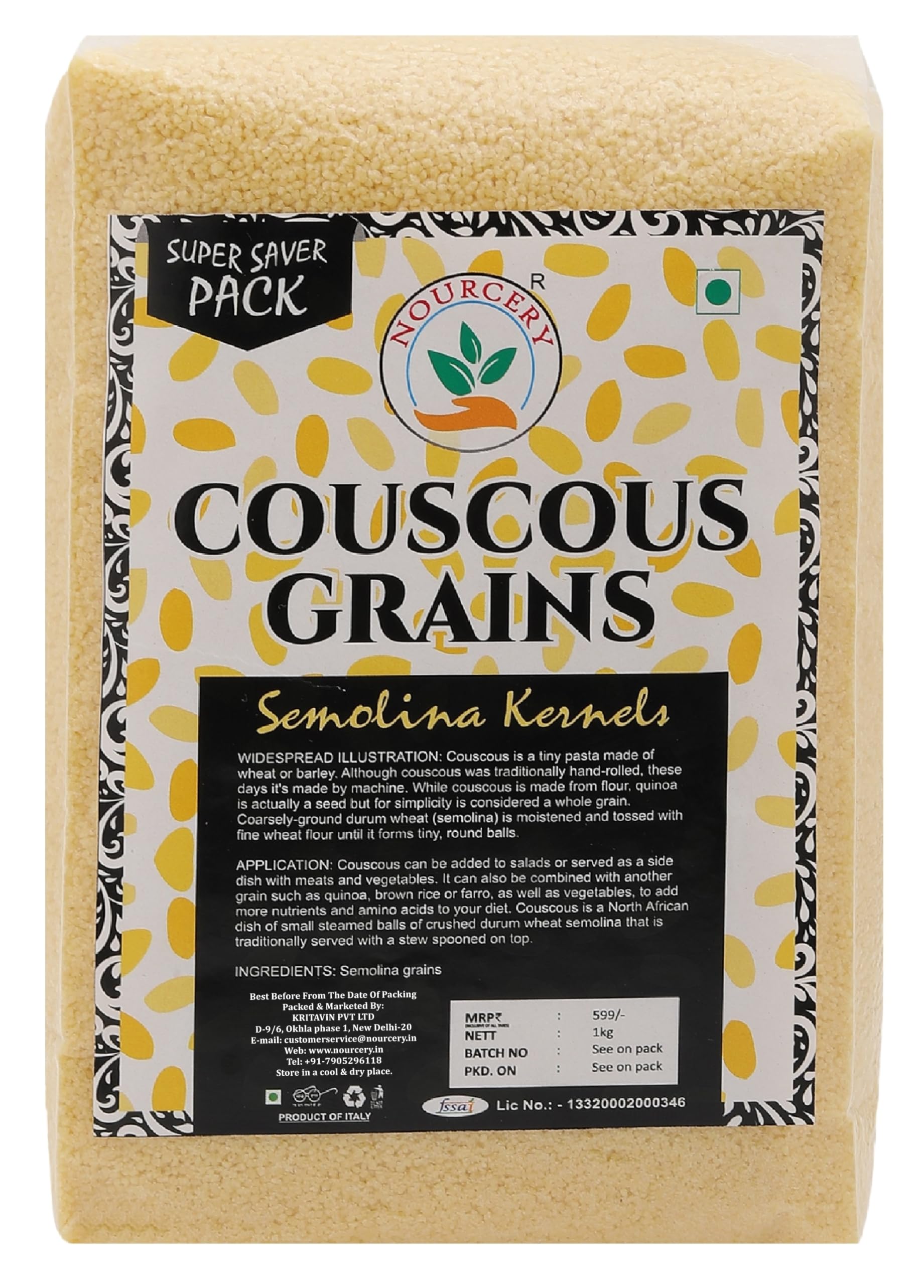 Nourcery Couscous Grains, 1Kg (Semolina Kernels), Vaccum Packed
