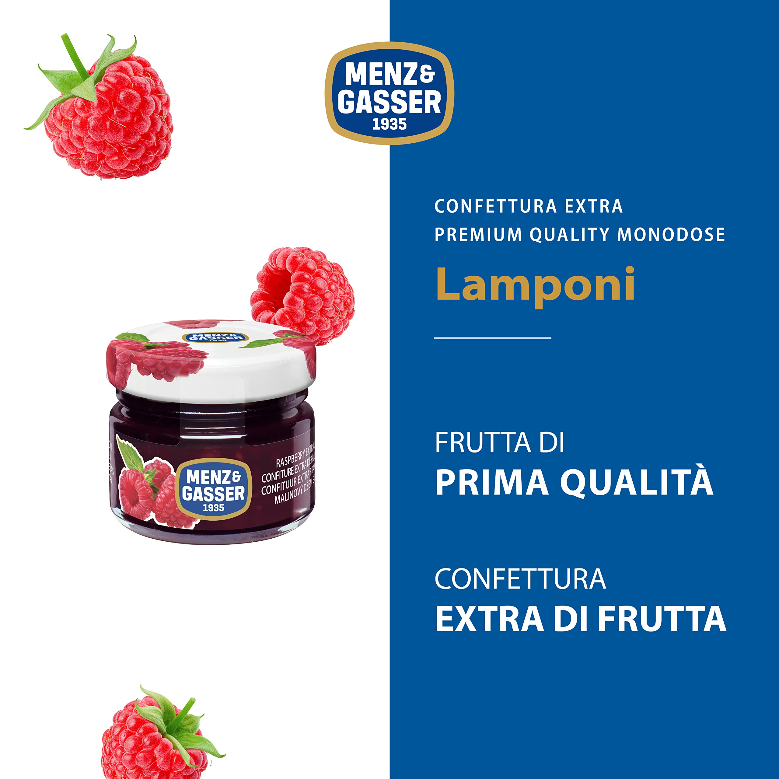 Menz&Gasser Confettura Extra di Lamponi Monodose Premium Quality, con Frutta di Alta Qualità, 48 Vasetti x 28 g