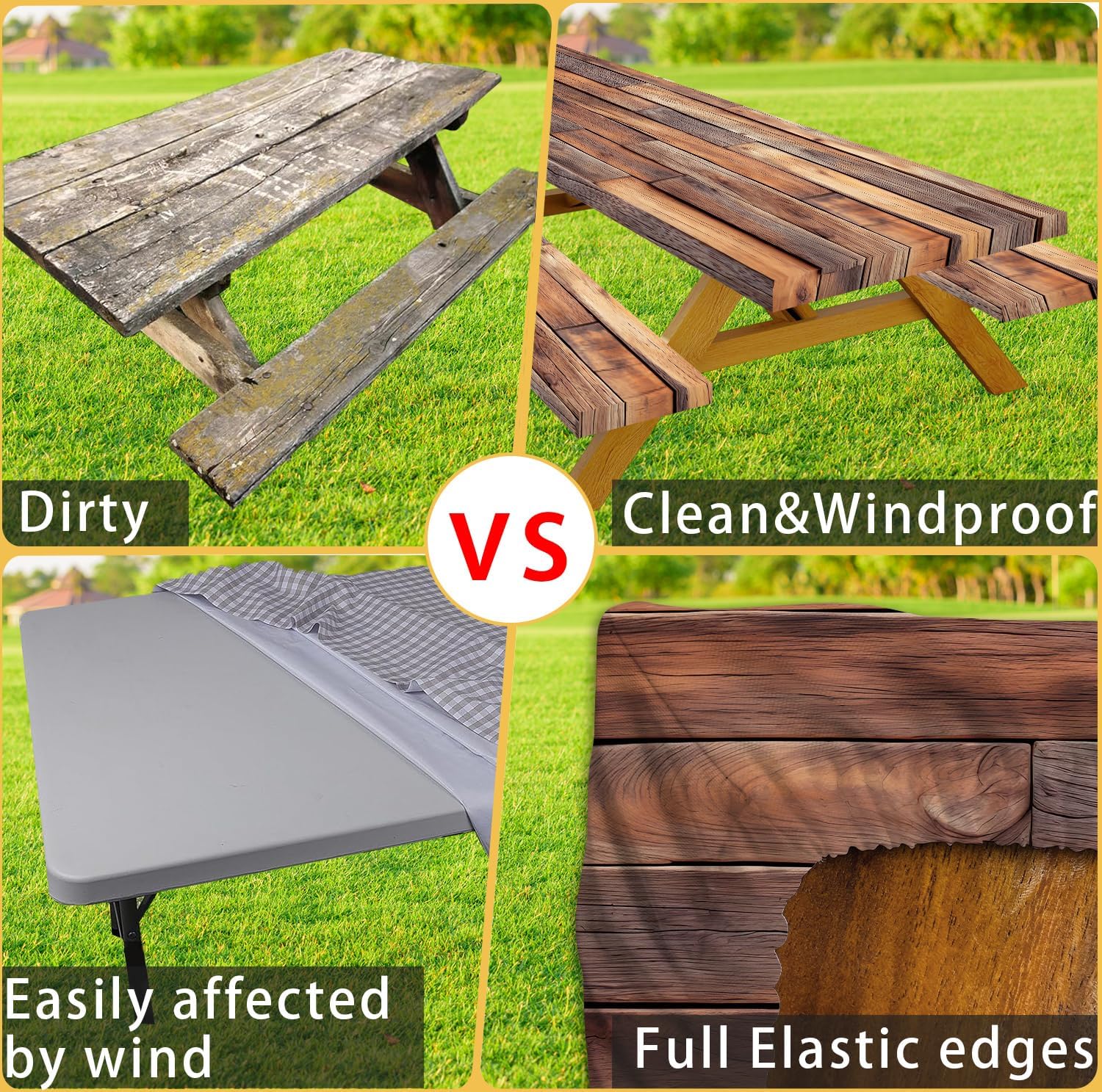 Rustic Wood Picnic Table Cover with Bench Covers Waterproof Windproof Elastic Fitted Outdoor Camping RV Tablecloths with Drawstring Bag Reusable Rectangle Rectangle Tables and Seats Cover 30X72IN - Image 3