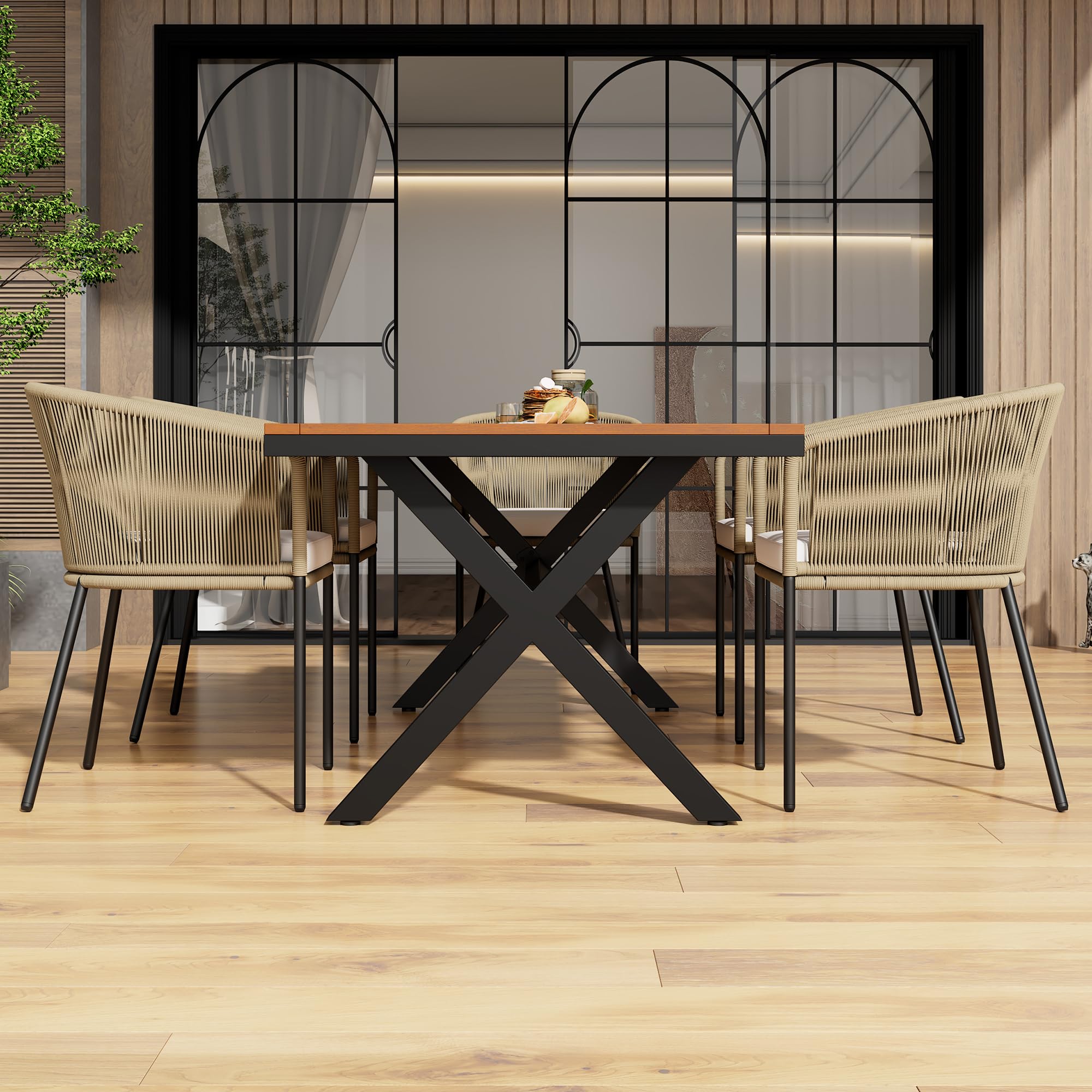 Set da Pranzo da Giardino 7 Pezzi, Set da giardino in Corda per 6 persone, 6 Poltrone e 1 Tavolo in legno di acacia, Mobili da giardino, Balcone