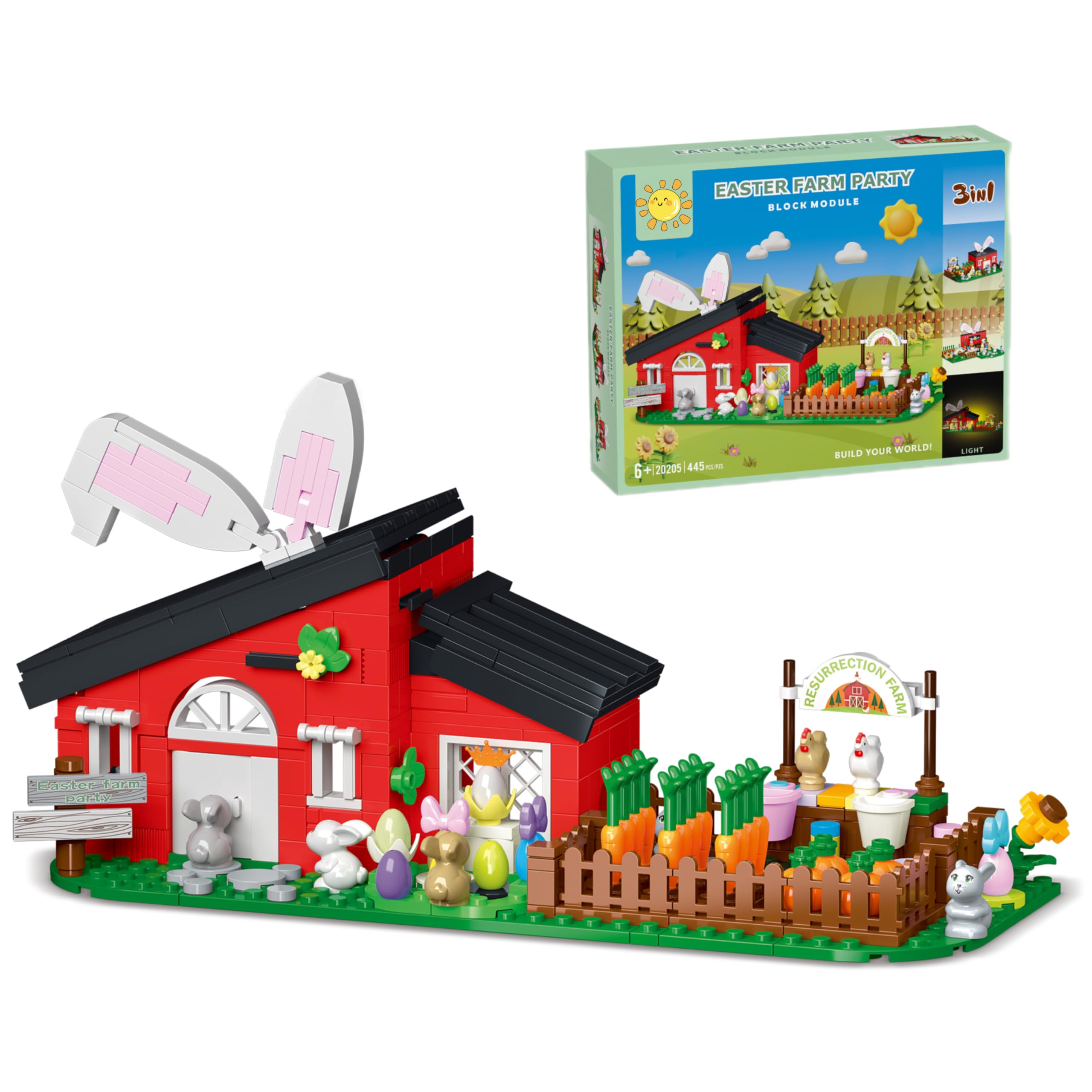 3 in 1 Easter Farm Building Blocks Set，Easter Toys Set with Chick Carrot and Rabbit，Easter Decoration Gift for Children，445 Pcs