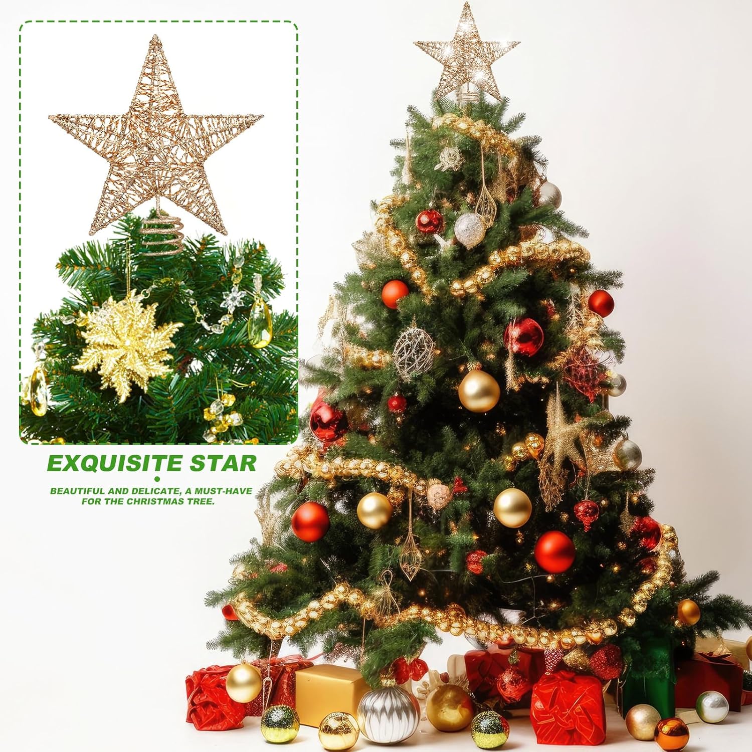 Gejoy Champagne Star Christmas Tree Topper Gold Christmas Tree Decorations 10 Inch Large Bethlehem Star Hollow Topper Glitter Sequin Treetop for Xmas Holiday Indoor Party Decor Ornament