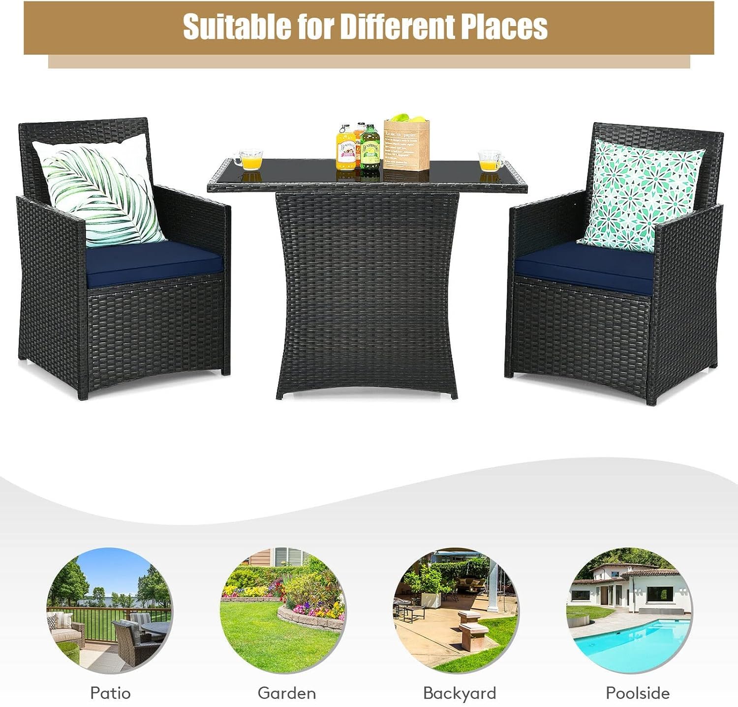 3PCS Patio Rattan Furniture Set Cushion Sofa Armrest Garden Deck Navy Mixed Brown