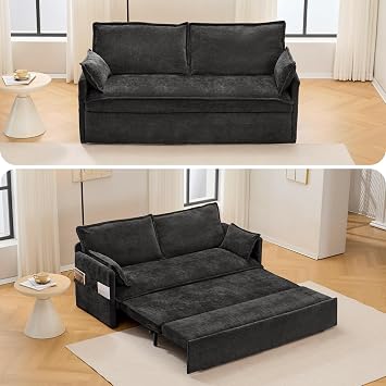 59.5Convertible Sofa Bed, Futon Loveseat Queen Sleeper Sofa with Pull Out Couch, Storage Pocket and USB/Type-C Charging Ports, Modern Chenille Sofabed for Small Space Living Room Apartment, Black