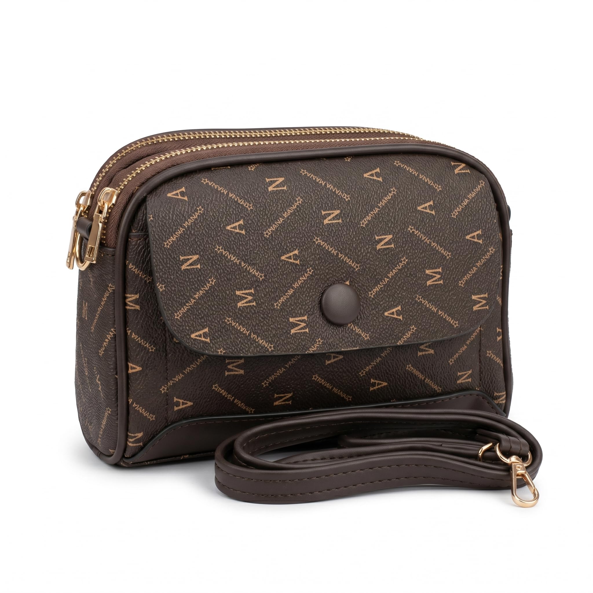 Women's Premium PU Leather Crossbody Sling Bag, Brown Monogram Print, Gold-Tone Hardware, Adjustable Strap-image-35