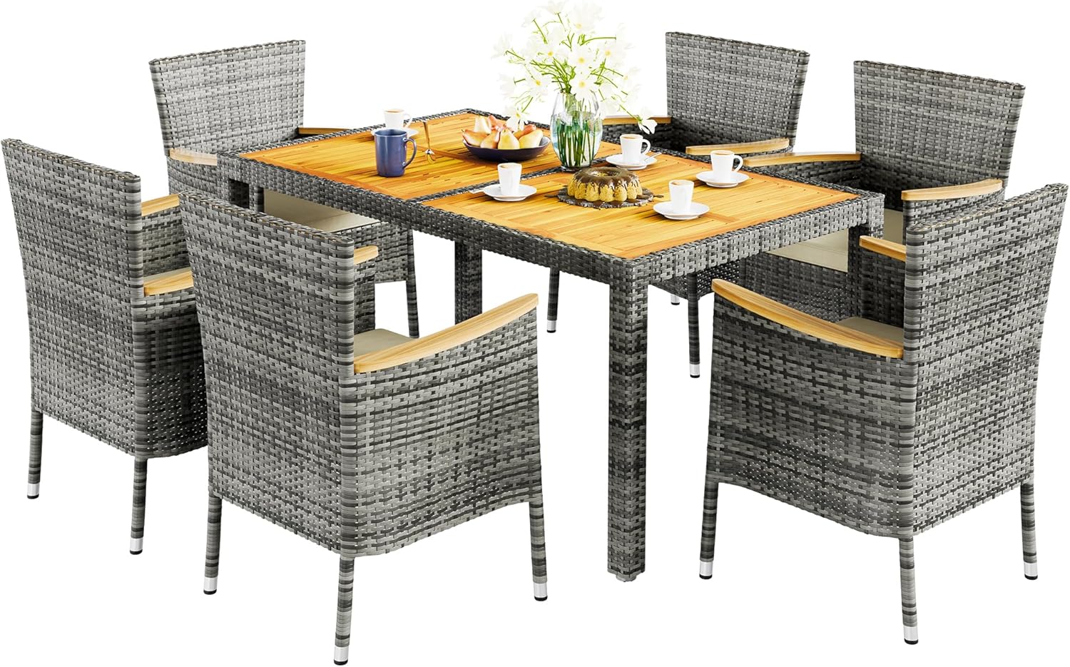 Vongrasig 5 Piece Small Patio Dining Set, Space-Saving Outdoor Wicker Furniture Conversation Set with Wood Table and Cushioned Rattan Chairs for Lawn, Garden, and Backyard (Gray)