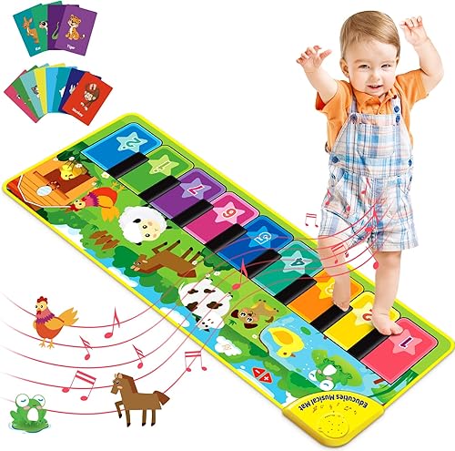 EduCuties Juguetes de aprendizaje musicales para bebés tapete de juego para piano de suelo para niños pequeños con tarjetas flash de animales sonido