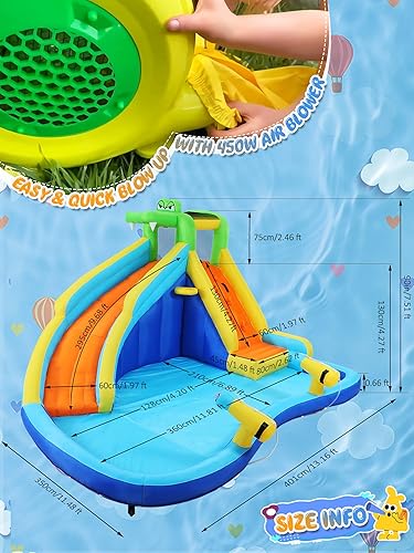 Vista 35 de ROOJER Casa inflable de doble tobogán acuático para niños patio trasero 10 en 1 parque acuático inflable con soplador, piscina de chapoteo, pared