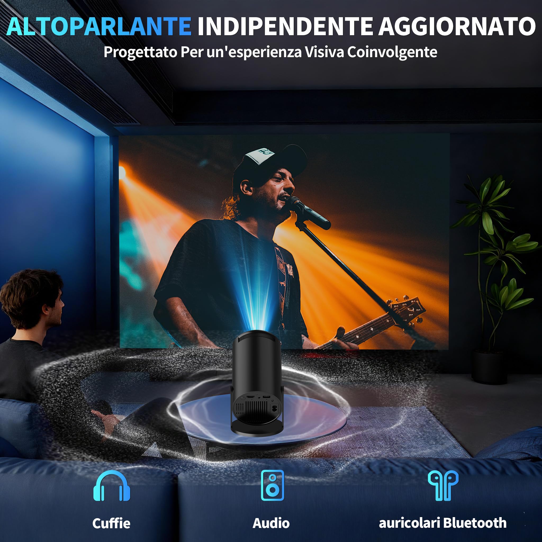 Mini Proiettore [App Integrata & 2026 Upgraded] Proiettore Portatile 4K 1080P con 5G WiFi 6 e BT 5.4 Supporta Rotativo 180° Correzione Trapezoidale Automatica Applicabile TV Stick/USB/HDMI,Nero