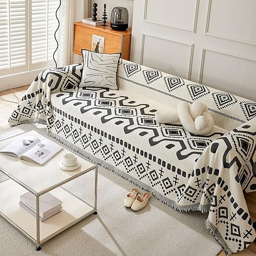 DREAMINGO Funda bohemia de felpilla geométrica para sofá, funda de sofá beige y negro para sofá modular de 2 plazas, protector para sofá biplaza y