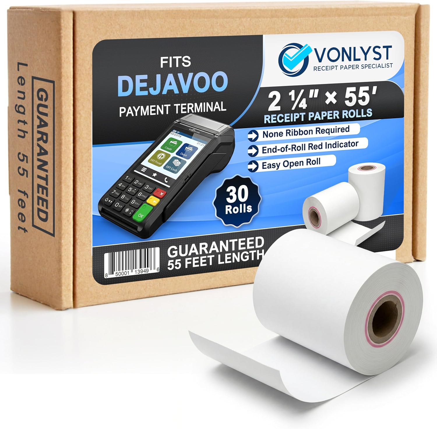 Thermal Receipt Paper Rolls for Dejavoo Z8 Z9 Z11 P1 P3 P8 QD1 QD2 QD4 QD5 – 2 1/4 x 55 BPA Free Credit Card Machine & POS Printer Paper with Red End Warning Stripe – 30 Pack