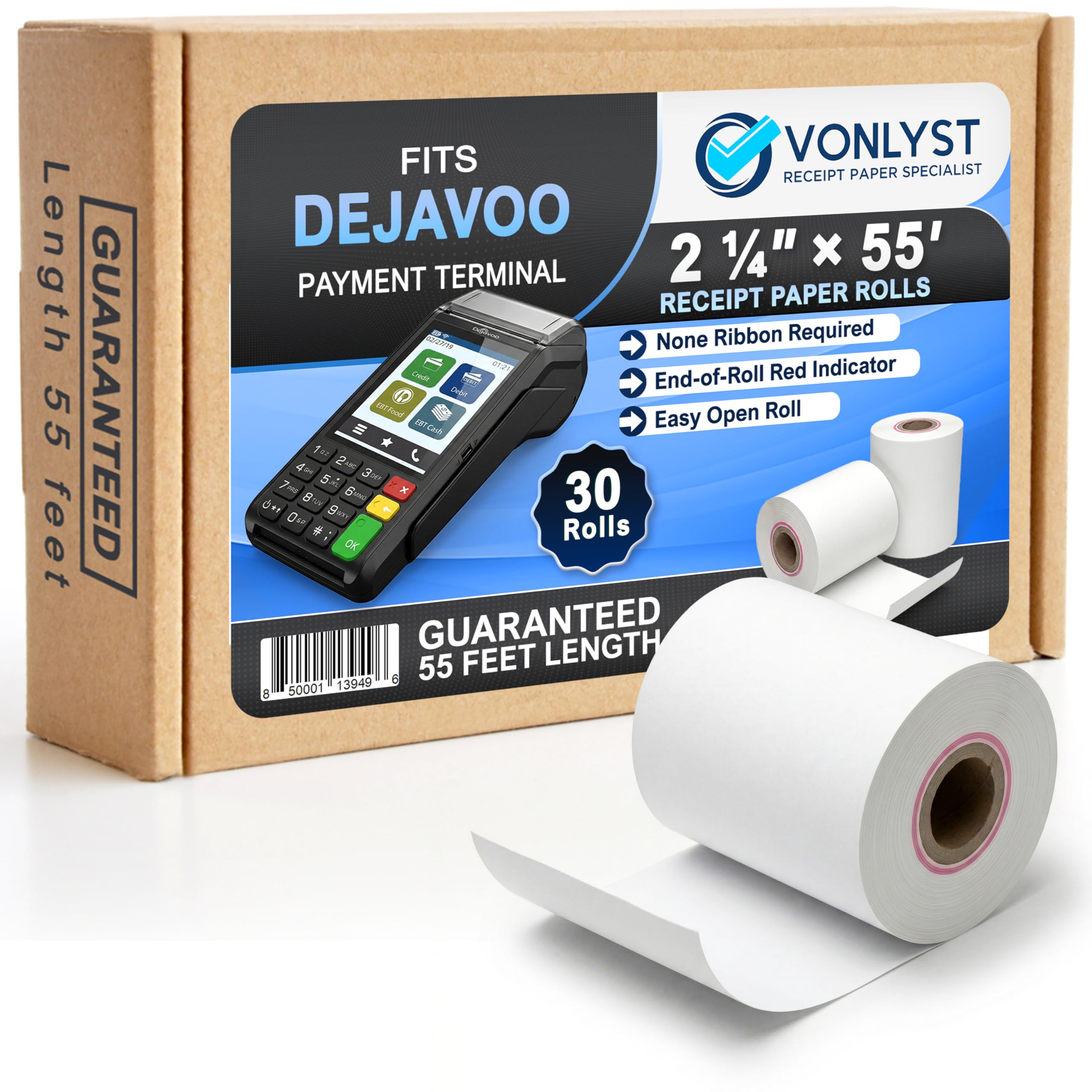 Vonlyst Thermal Receipt Paper Rolls for Dejavoo Z8 Z9 Z11 P1 P3 P8 QD1 QD2 QD4 QD5 – 2 1/4 x 55 BPA Free Credit Card Machine & POS Printer Paper with