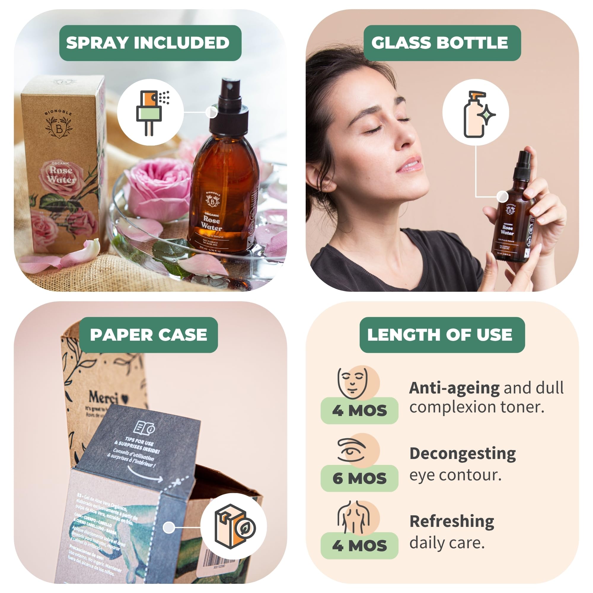 BIONOBLE Woda Różana Bio - Tonizuje, Koi i Przywraca Blask - Hydrolat 100% Naturalnego Pochodzenia, Bez Alkoholu - Rose Water do Twarzy, Włosów i Okolic Oczu - Szklaną Butelką z Spray - 200ml