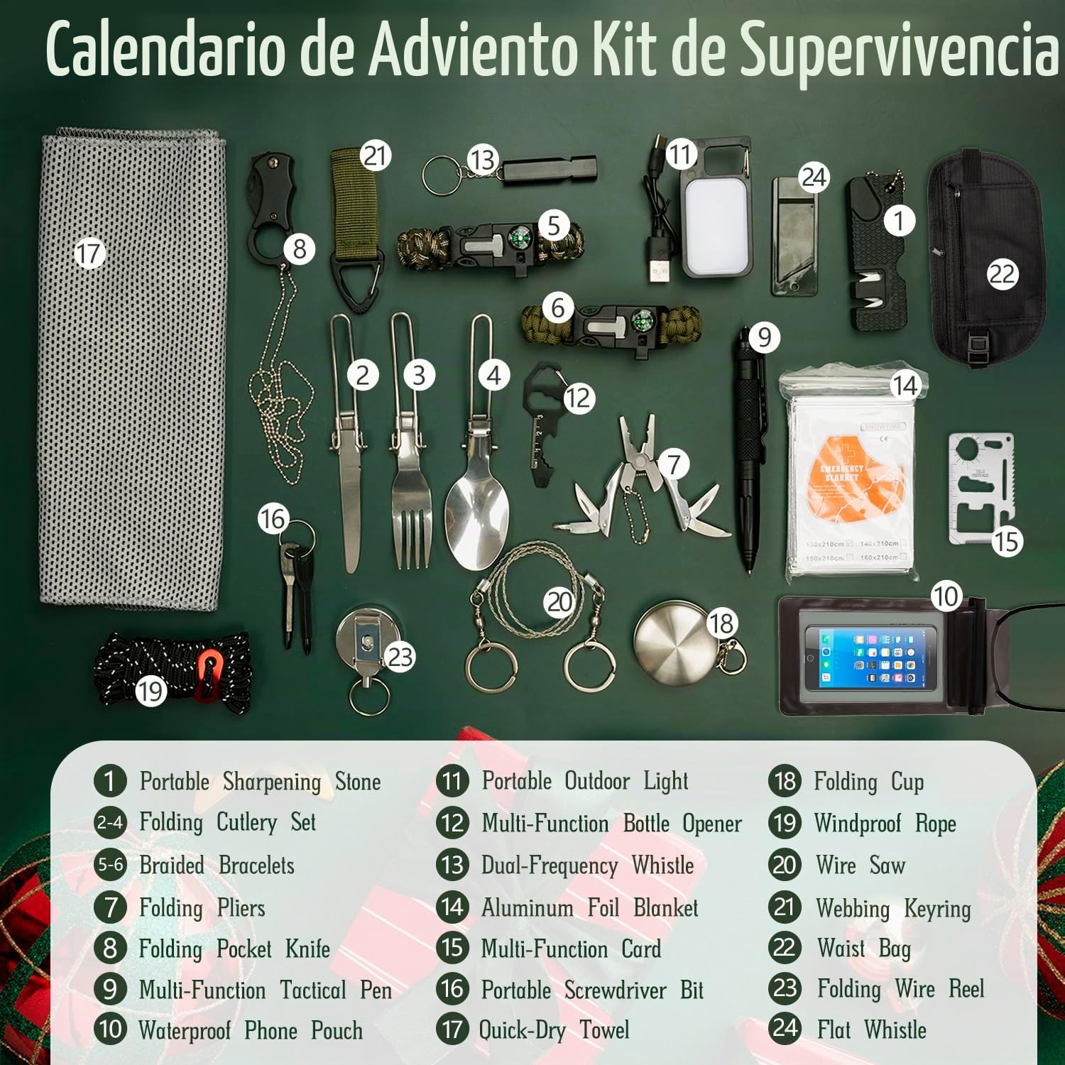 Calendario de Adviento 2025 Hombres, 24 PCS Kit de Herramientas de Supervivencia, Kit de Supervivencia para Acampada, Regalo Navidad Calendario Adviento para Adultos y Adolescentes