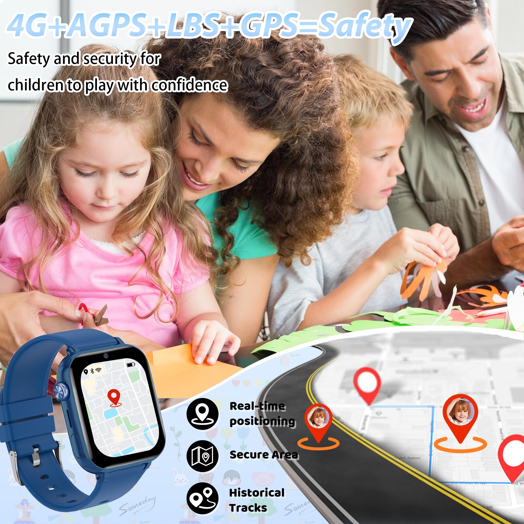Smartwatch Bambini 4G GPS Videochiamate SOS Voce Chat Fotocamera Regali | posizione in tempo reale, chat familiare, modalità scuola, telefono, giochi, ip68, sveglia, compleanno ragazza ragazzo