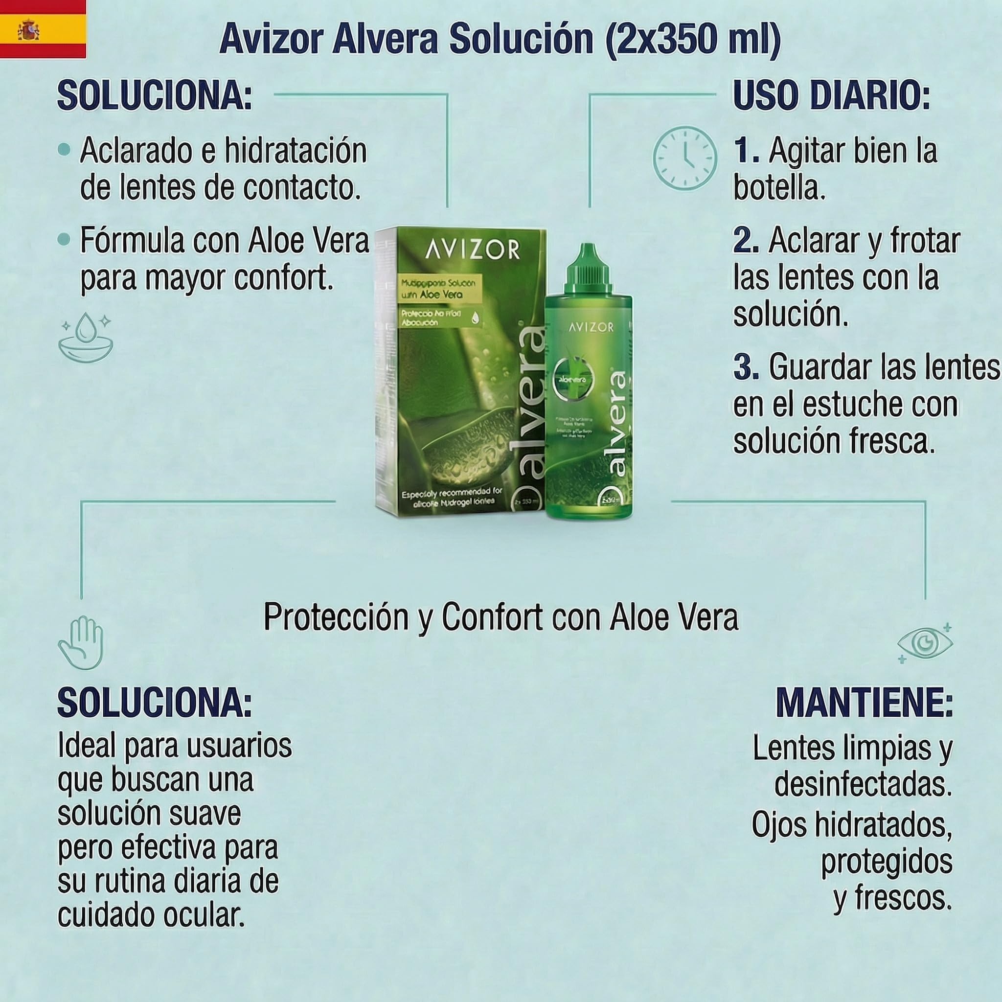 ALVERA PACK 4X350ml - Lösung mit Aloe Vera zur Reinigung und Desinfektion von Kontaktlinsen - Natürlicher Schutz - Lang anhaltender Komfort - Geeignet für alle Arten von weichen Kontaktlinsen