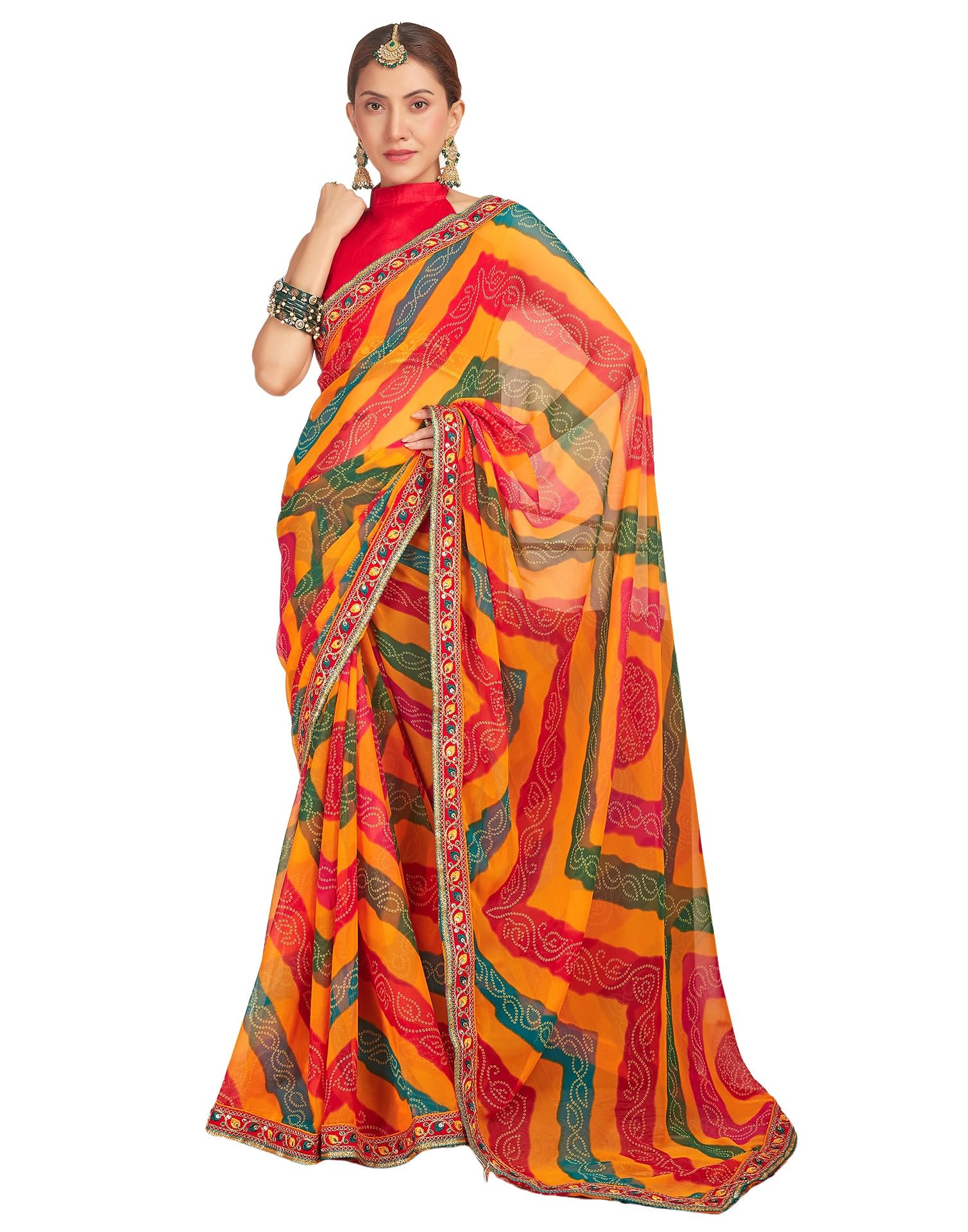 SIRILWomen's Georgette Bandhani Printed Sequence Embroidery Lace Saree With Unstitched Blouse Piece