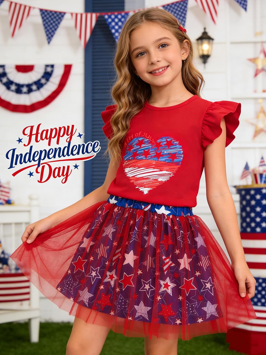 RETSUGO Baby Girls 4th of July Outfit Tulle Tutu Skirts Set Toddler Kids American Flag Heart Print Dress 2-8 Years Old