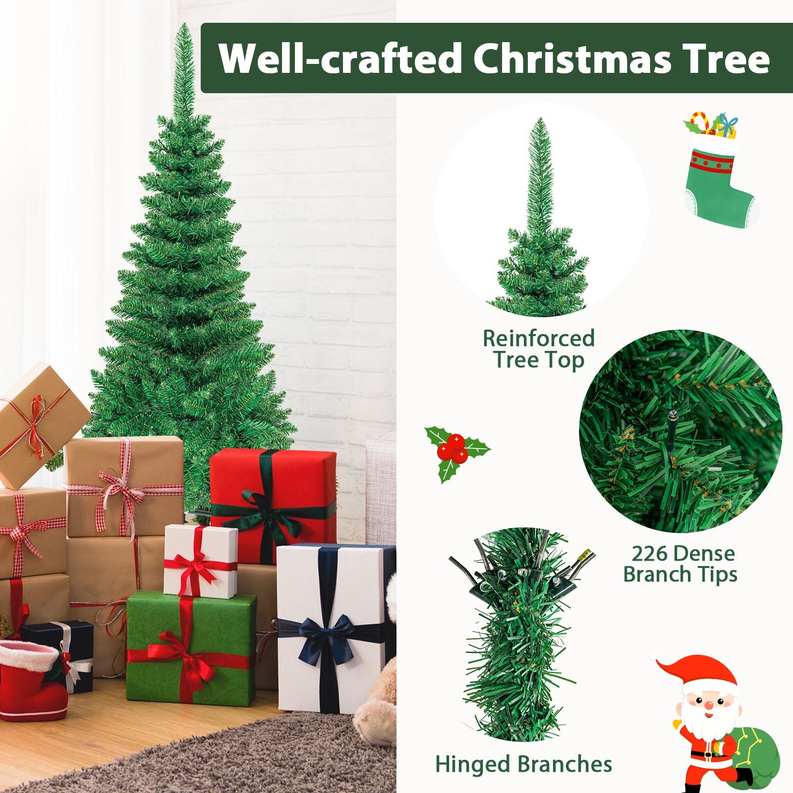 LIFEZEAL Albero di Natale 195 cm con 250 Luci LED, 708 Rami, Pop Up, Stretto, Foltissimo, PVC Ignifugo, Base in Acciaio