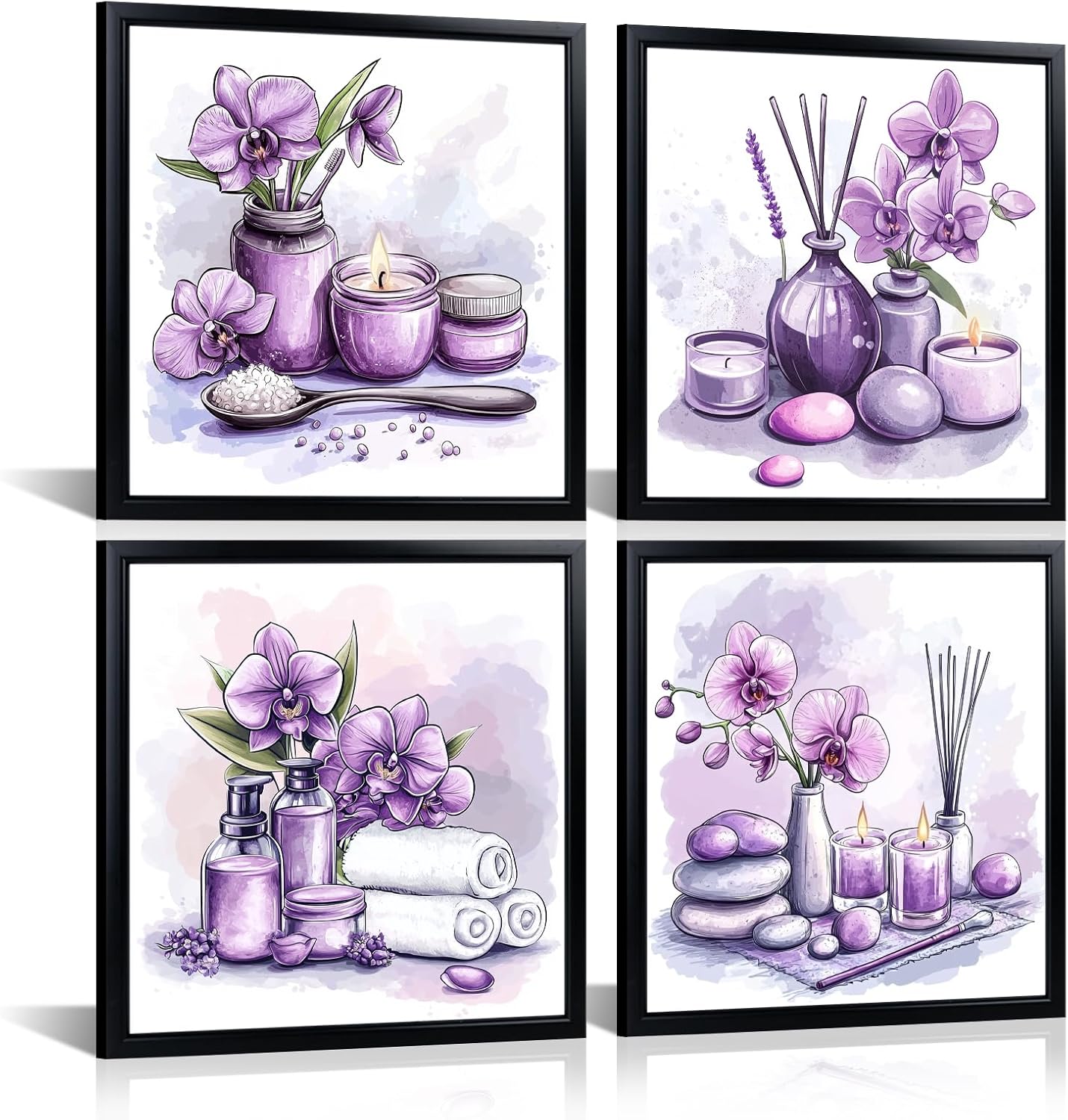 LyerArtork 4 Pieces Purple Spa Wall Art Bathroom Decor Canvas Prints Aromatherapy Candle Towel Zen Stone Orchid Flower Still Life Paintings Artwork for Meditation Room Black Framed 12x12inchx4