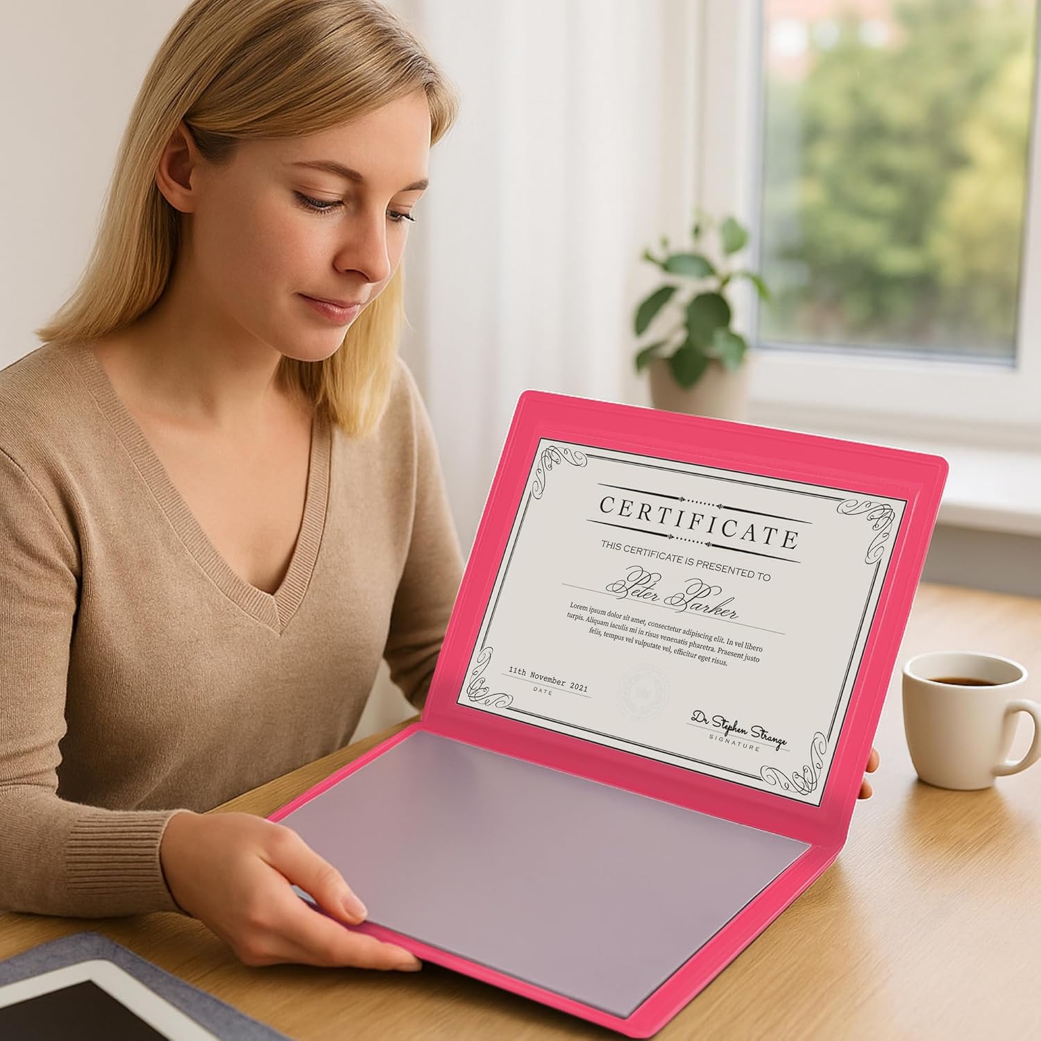 Arpan Personalised Custom Text Professional A4 Display Book, 24 Pockets, 48 Sides, Faux Leather Presentation Folder (Pink)