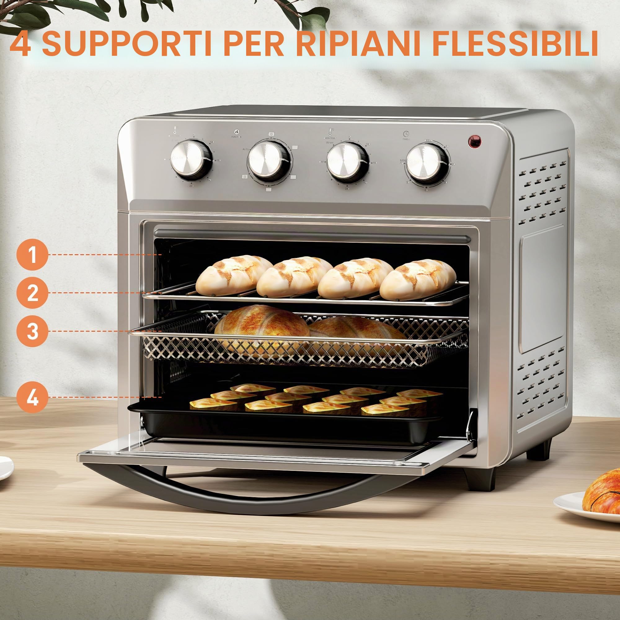 HOMCOM Mini forno a convezione 24 L 1600W 90-230℃ Forno ad aria calda con timer da 60 minuti, friggitrice ad aria calda con teglia e griglia, mini forno con illuminazione interna, argento