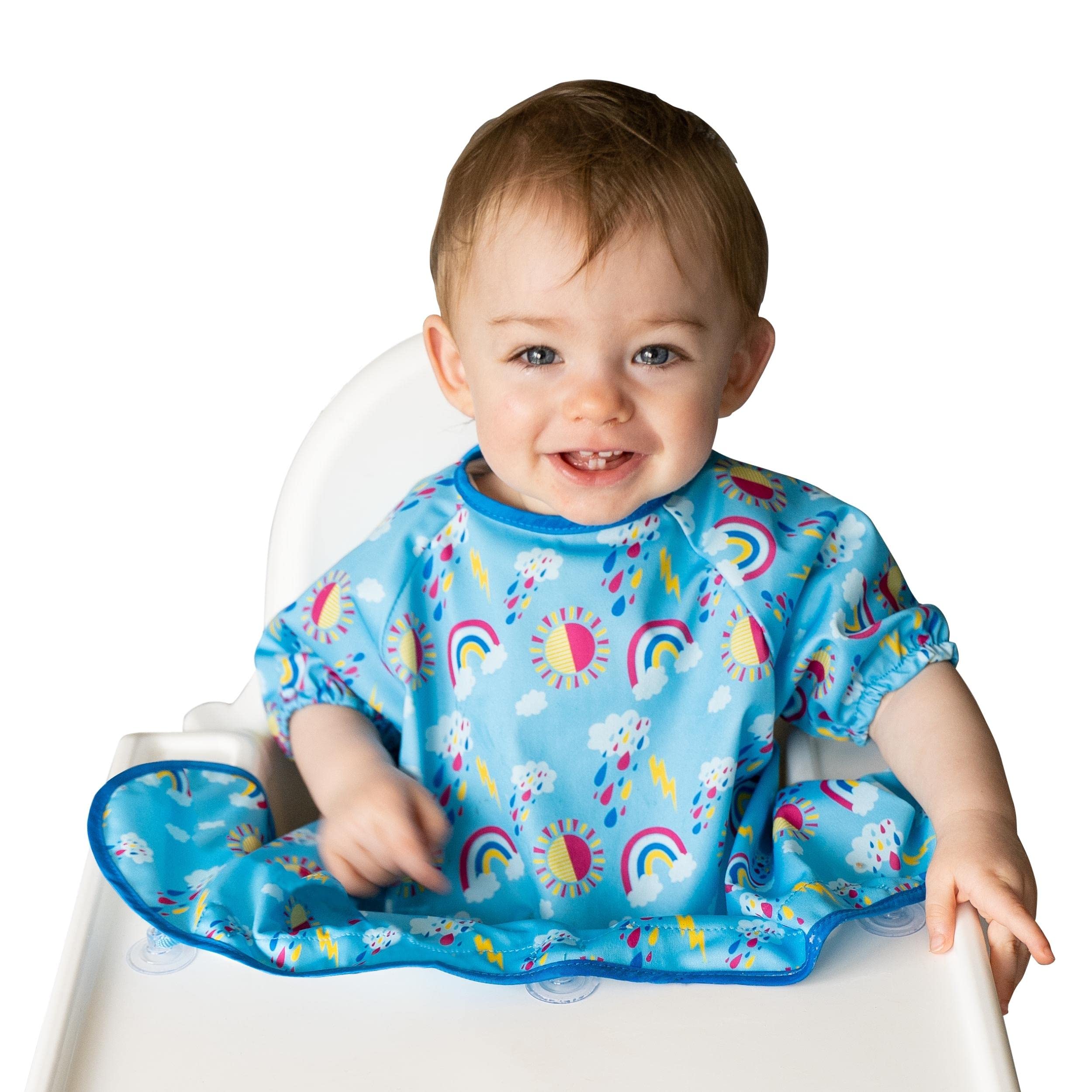 Tidy Tot®™ Cover & Catch™ Weaning Bib with Short Sleeves. Attaches to Highchairs with Suction for Mess Proof Baby Feeding. Waterproof Short Sleeved Bibs. Coverall BLW Bibs. Travel Bag Included.