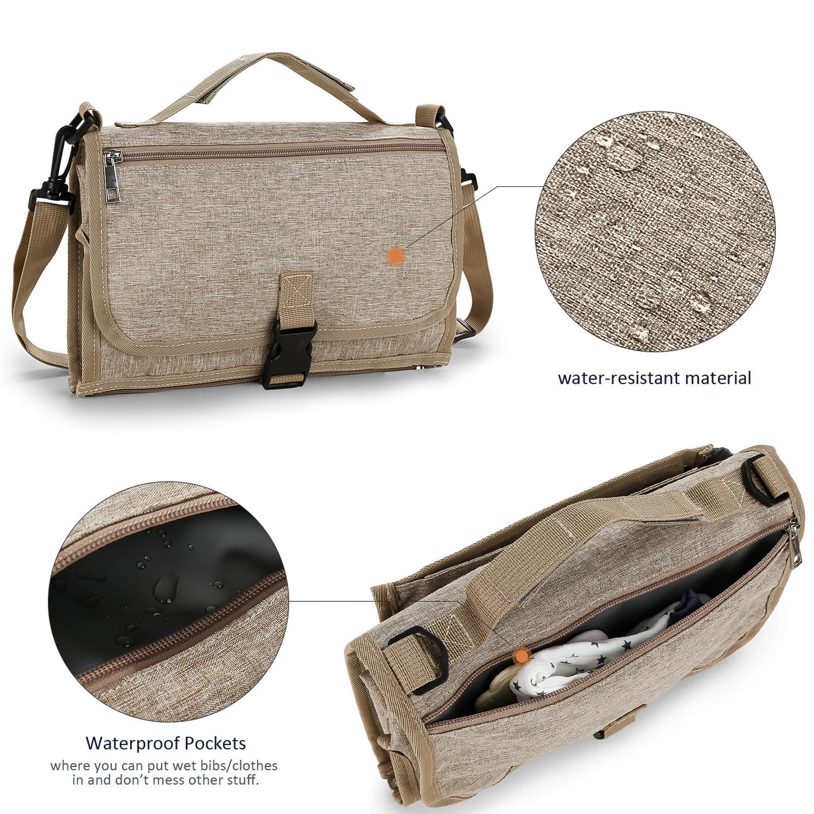 Bebamour Fasciatoio portatile con salviettine tascabili da viaggio con cuscino per la testa per neonati impermeabile pannolini fasciatoio essenziali per neonati,Khaki