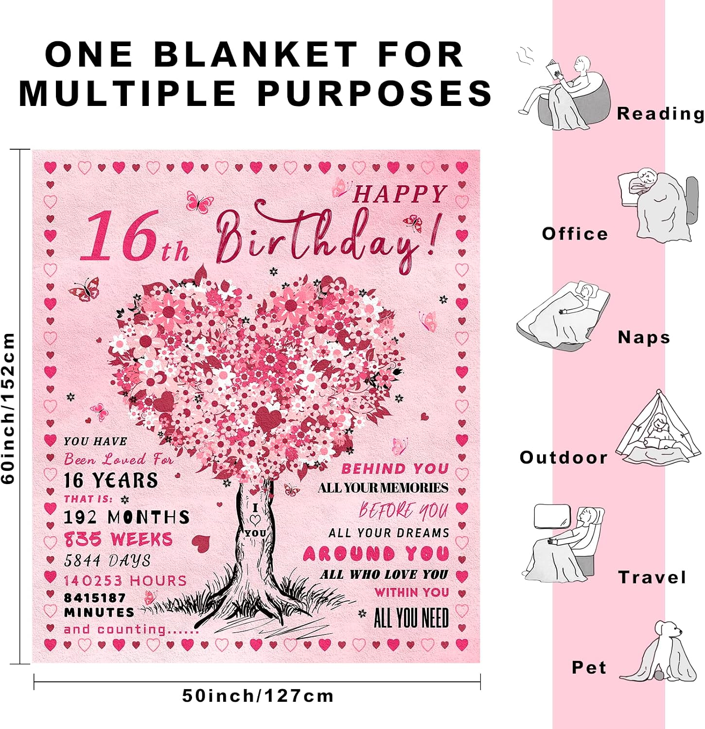 Sweet 16 Gifts for Girls, 16th Birthday Gifts for Girls Throw Blanket 60"x50", Birthday Gift for 16 Year Old Girl, Sweet Sixteen Present for Girl, 16th Bday Gift Ideas, 16 Bday Decorations