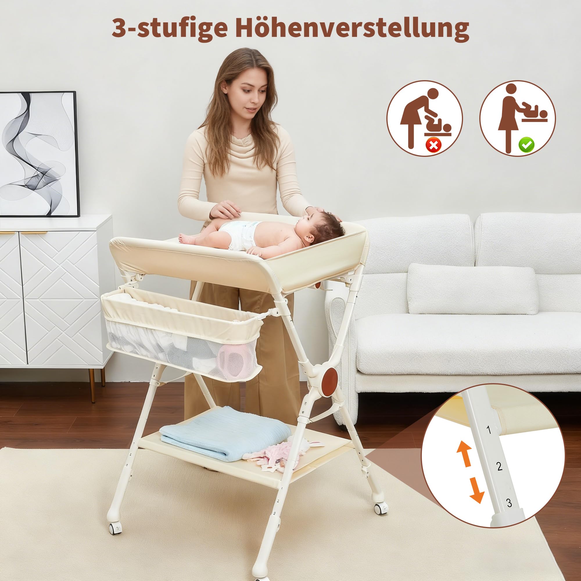 Aptliton Cambiador de bebé 69 x 68,8 x 107 cm, cambiador plegable de hierro y tela con cinturón de seguridad, cuatro ruedas con frenos y cesta lateral, altura ajustable para recién nacidos, B
