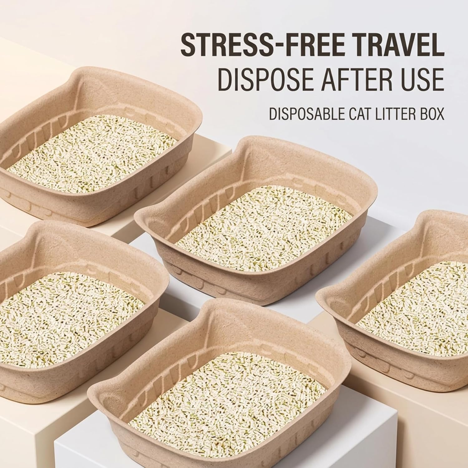 5 Pack Disposable Litter Box, Travel Litter Box Made from Eco-Friendly Pulp, Portable & Leak-Resistant Cat Boxes Disposable for Convenient Use, Cat