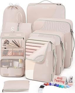 10 Set/8 Set Packing Cubes for Travel, Gifts for Women Mom,Anti-Tearing Suitcase Organizer for Luggage with Shoe & Hanging Toiletry Bag,OlarHike Vacation Essentials & Accessories for Cruise Ship,Cream
