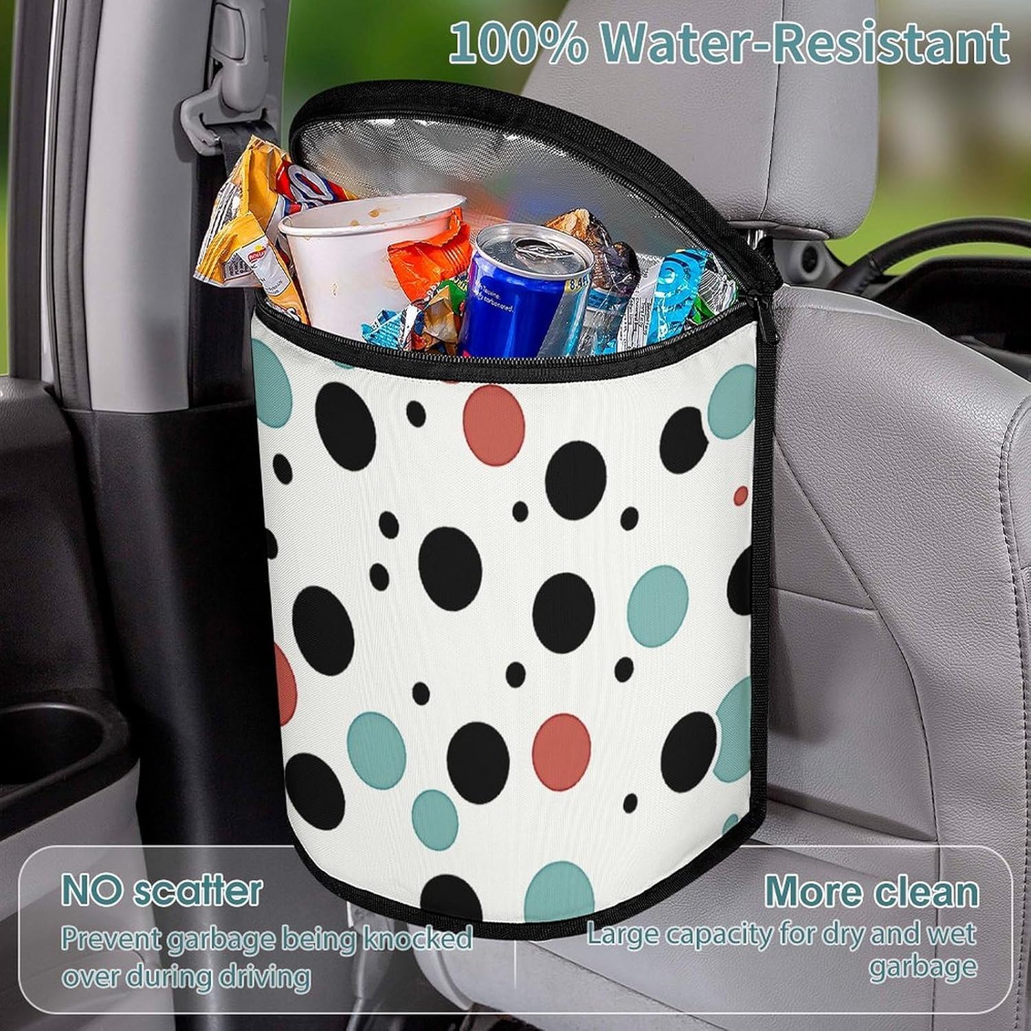 MUSM Leakproof Car Trash Can 2.5 Gallon, Durable Automotive Garbage Bag with Waterproof Liner, Polka Dot Trash Bag for Car, Truck, RV & Bathroom