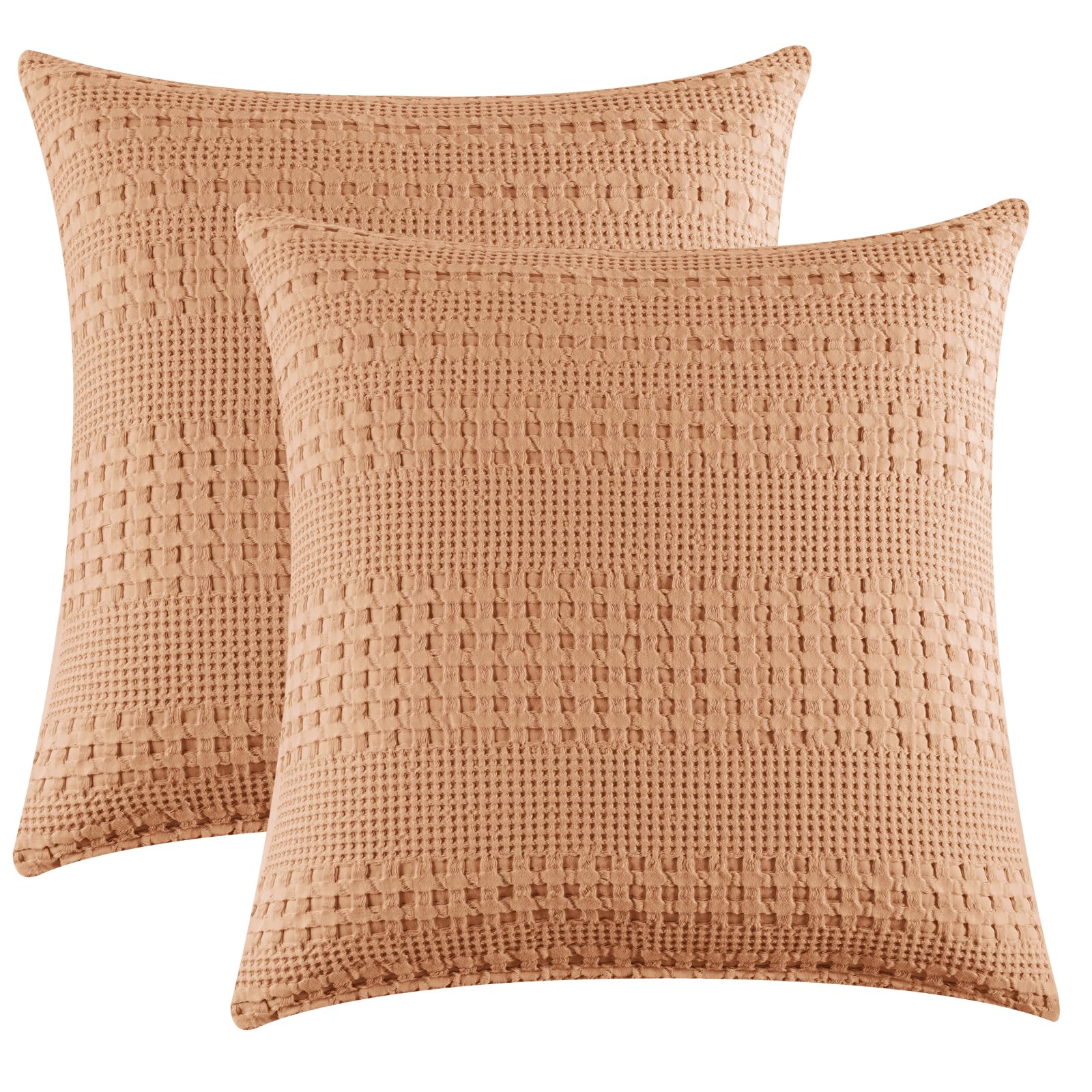 PHF 100% Cotton Waffle Weave Euro Sham Covers, 2 Pack 26" x 26" Pillow Covers for Elegant Home Decorative, No Insert, Decorative Euro Throw Pillow Covers for Bed Couch Sofa, Camel