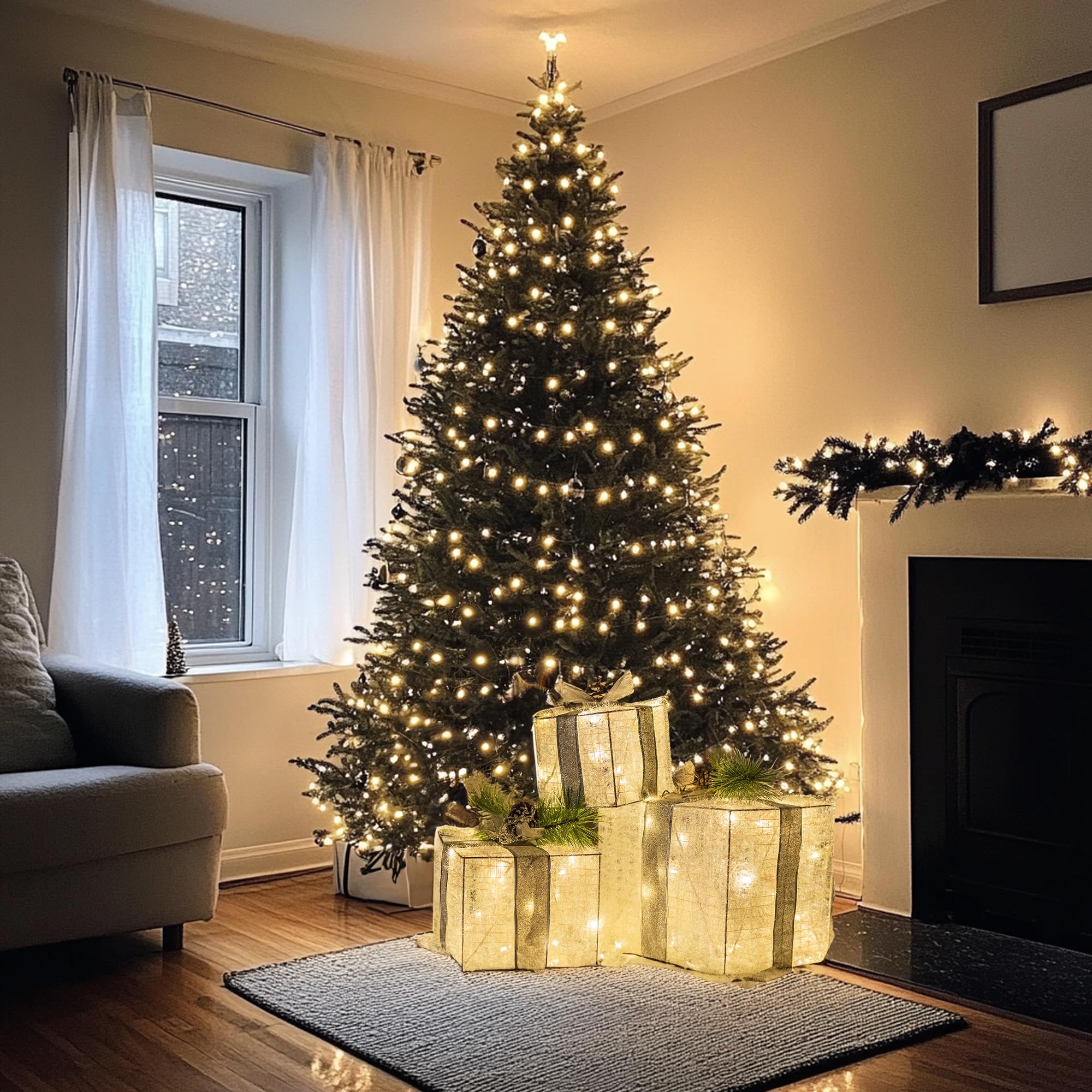 Lighted Christmas Boxes Hourleey Set Of 3 Christmas Lighted Gift Boxes - 60  LED Pre-lit Outdoor Indoor Decor With Warm White Lights Faux Cadeau De Noel, image size:2000x2000