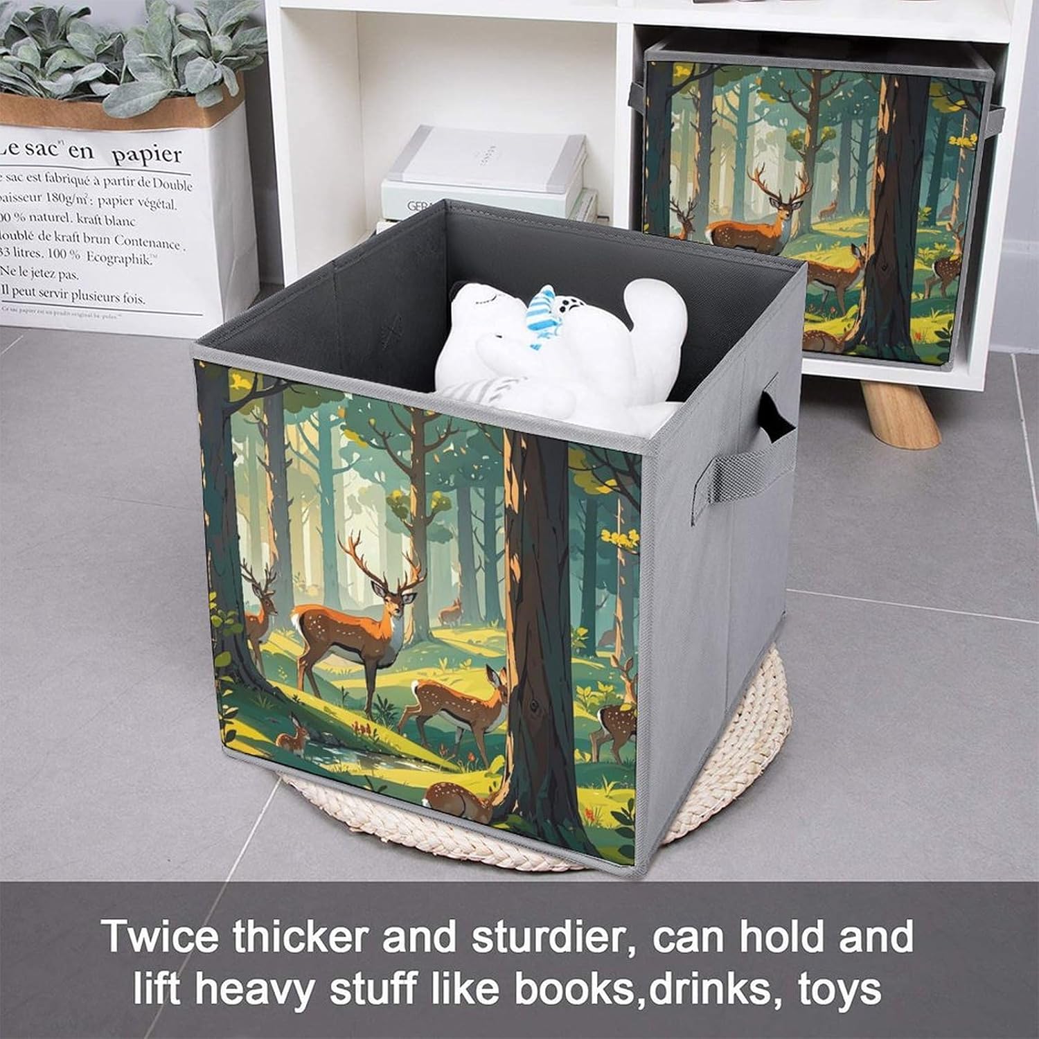Forest Wildlife Foldable Storage Box with Handles, Durable Oxford Storage Cubes, 2PCS Collapsible Closet Organizer for Home, Shelf, Office, Travel