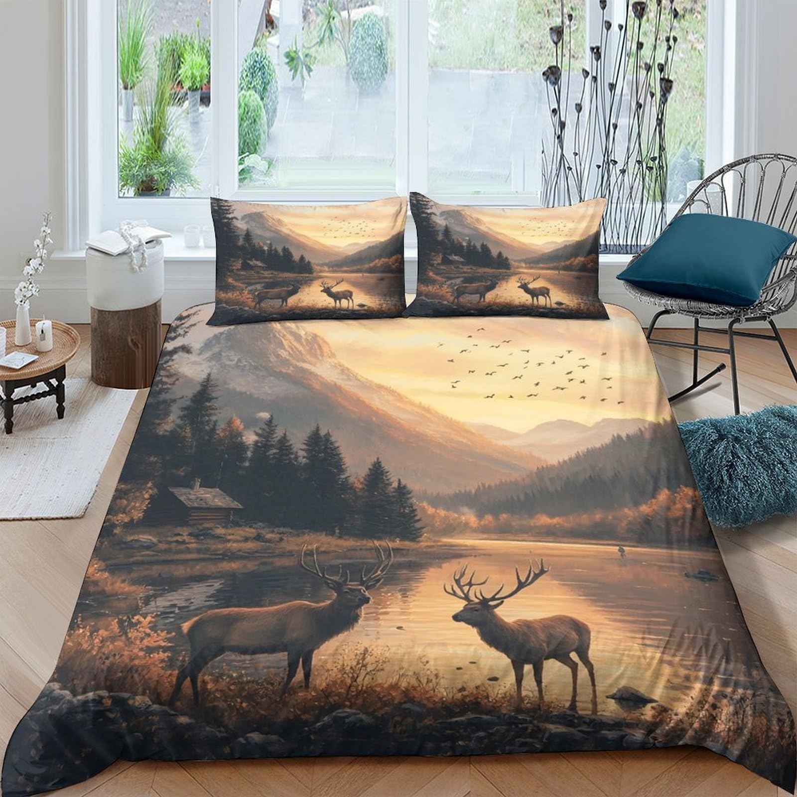 Ctjqhvkz Style-5 3D Printed Sunset Forest Fitted Sheet Microfiber Soft Stag Lake Mattress Cover For Bedroom Guest Room Decor Single（135X200cm）