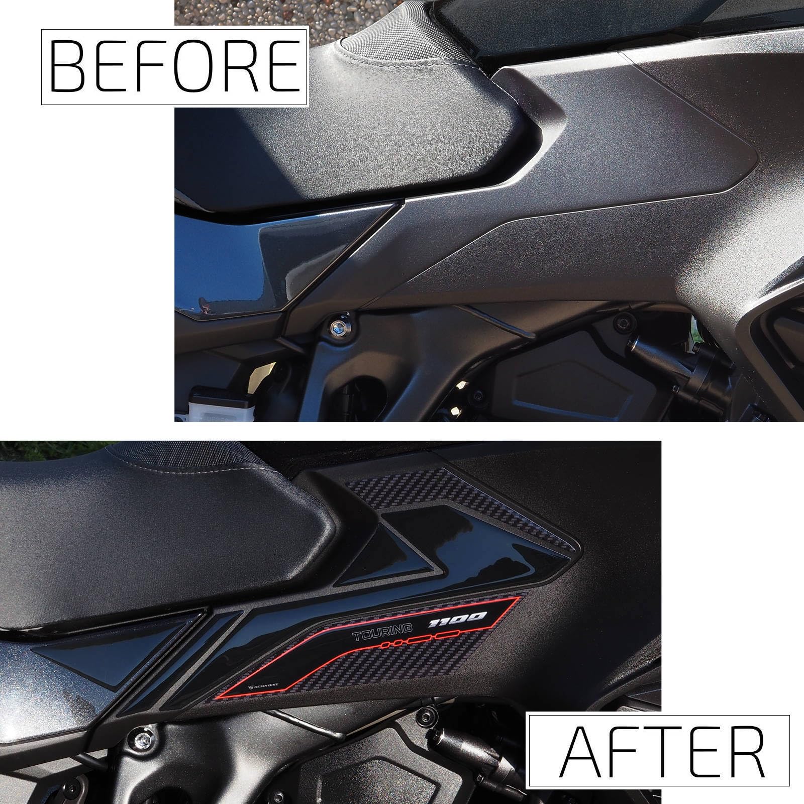 Resin Bike Naklejki Moto kompatybilne z Honda NT 1100 2025-2026. Chronią Osłony boczne zbiornika przed uderzeniami i zadrapaniami. Naklejki żywiczne z efektem 3D - wyprodukowane we Włoszech