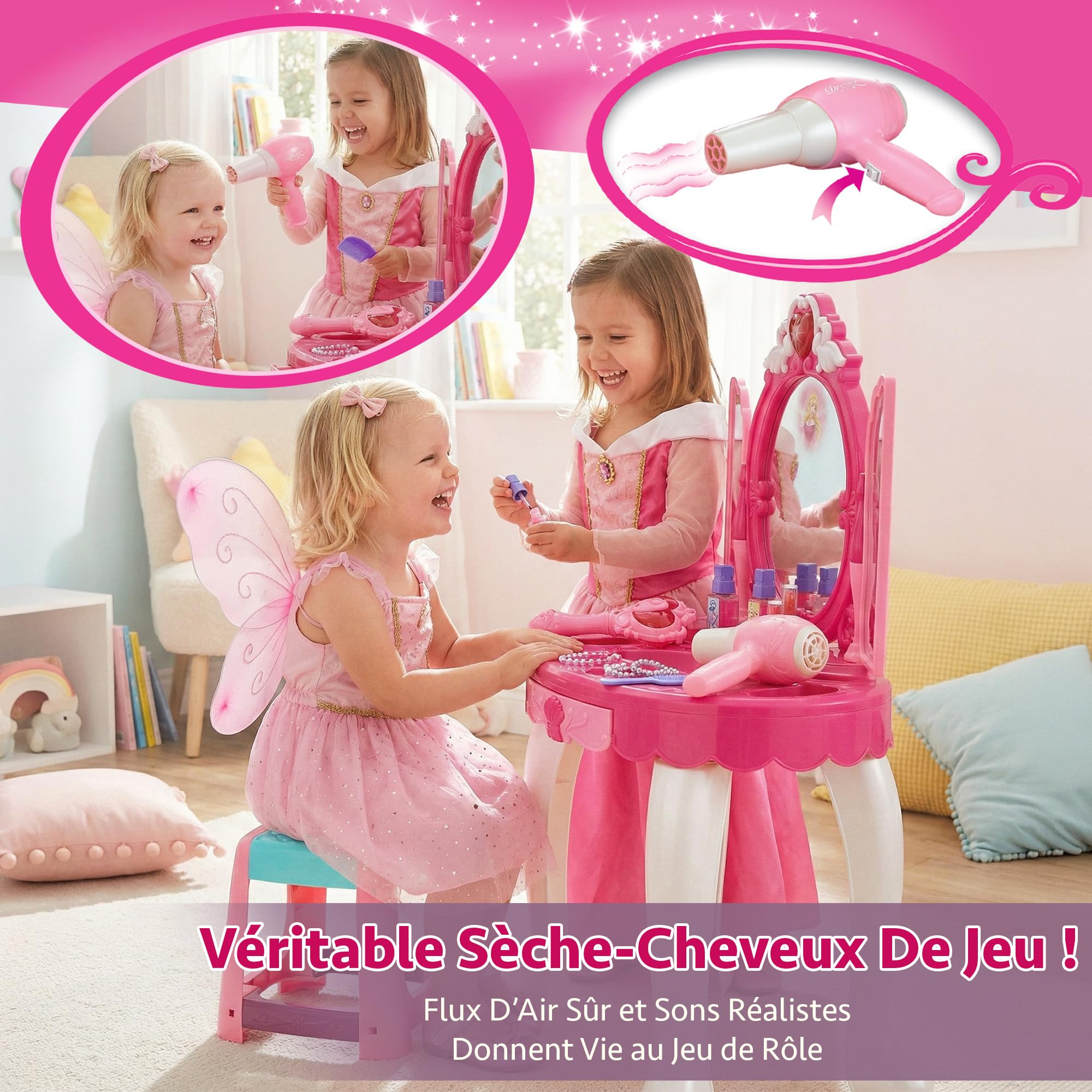 Kinderplay Coiffeuse Enfant, Table de Maquillage - Fonction de Lumièreavec Tabouret, lumière et Son, Dimensions Coiffeuse Enfant Fille 50 x 32 x 72 cm, KP8846