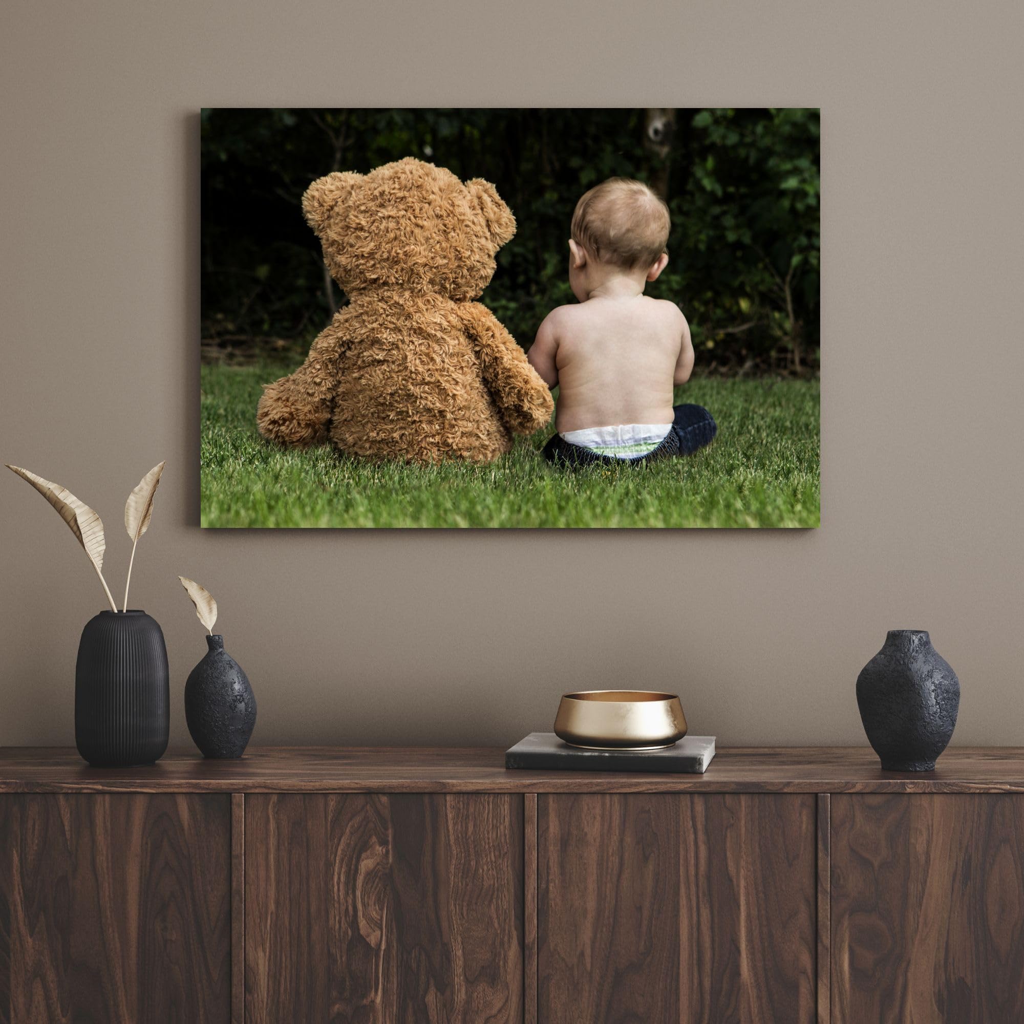 GP TONER Impression sur toile - Décoration murale moderne - Impression sur toile - Jeune enfant avec ours en peluche - 120 x 80 cm