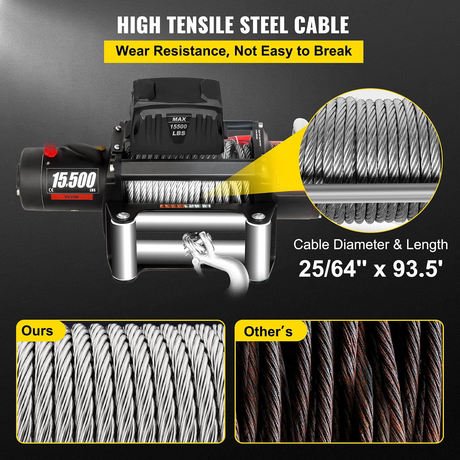 VEVOR Truck Winch 15500lbs Electric Winch 28.5m/93.5ft Cable Steel 12V