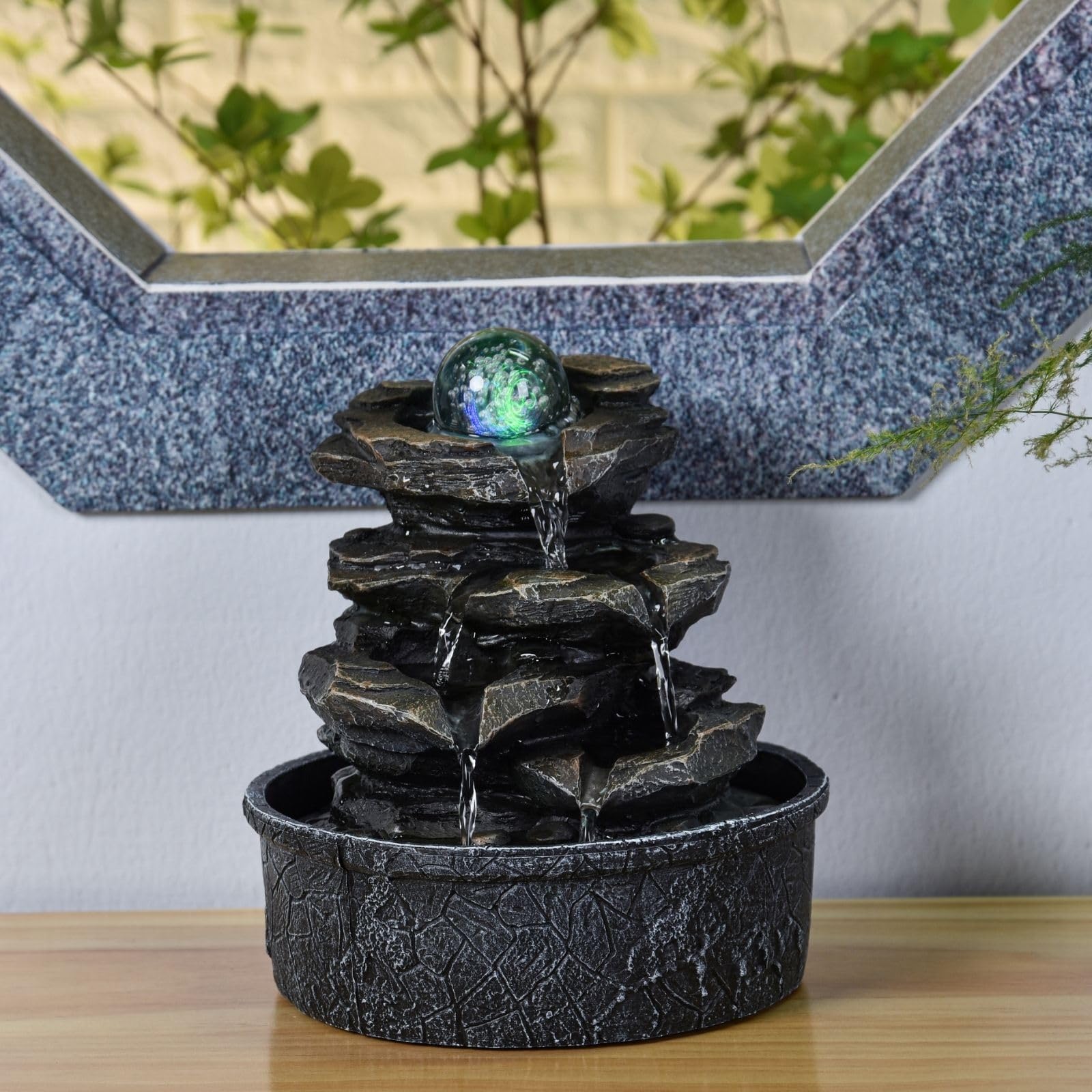 Zen'Light - Zimmerbrunnen Little Rock - Naturwasserfall mit Steineffekt und farbigem LED-Licht - Zen Tischdekoration Ideal für Meditation und Entspannung - Feng-Shui-Objekt Glück - H 23cm