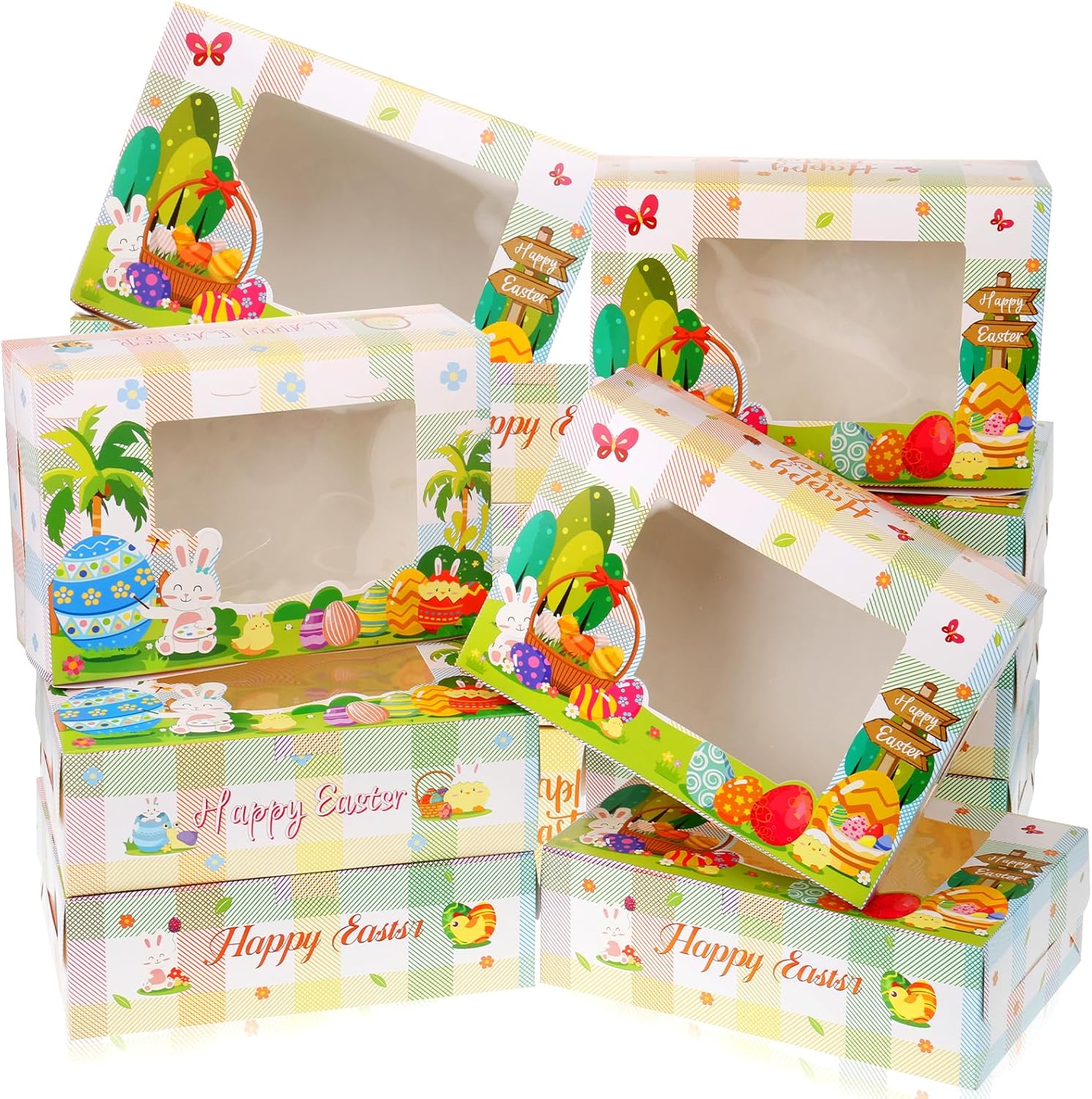 CIEOVO 24Pcs Easter Cookie Boxes with Window, Color Easter Buffalo Plaid Bunny Egg Cookie Gift Kraft Paper Boxes Treat Boxes Cookie Goody Container for Spring Easter Party Supplies
