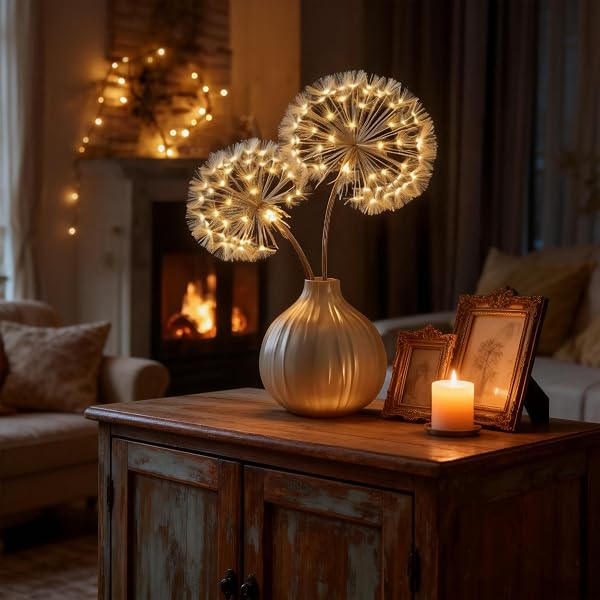Blissful Bright Dandelions, Dandelion Lamp, Artificial Dandelion Branches with Lights, for Room Fireplace Table Christmas Decor (#2pc) - 3