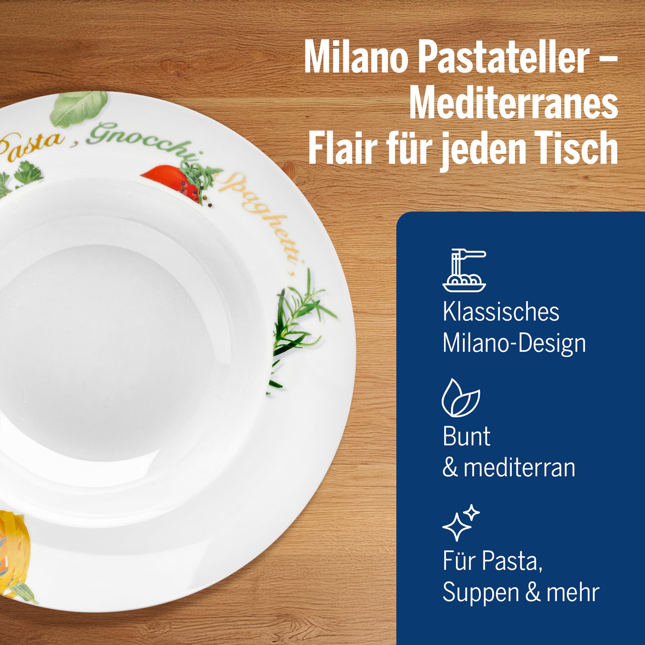 Van Well Milano Pastateller 6er-Set Ø 27 cm – Porzellan Pasta Teller im Milano-Stil – Tiefe Teller für Pasta, Bowls & als Suppenteller – Service & Geschirrset 6 Personen – Robustes Porzellan-Geschirr