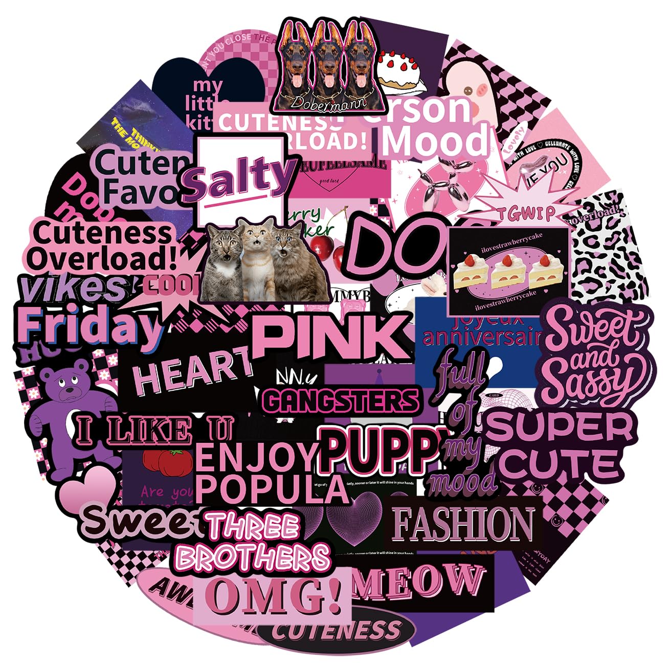 POPNWOW Schwarz Rosa Aufkleber 55 Stück Wasserdicht Vinyl Cute Black Pink Stickers für Reisekoffer Gepäck Laptop Wasserflasche iPad Smartphone Fahrrad Skateboard Helmet Gitarre