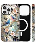 Jusy Compatible with MagSafe Stained Glass Case for iPhone 16 Pro Max, Aesthetic Bird and Floral Magnetic Phone Case, Soft TPU and Hard PC Protective Phone Cover for Women Girls (Shiny) - Bird